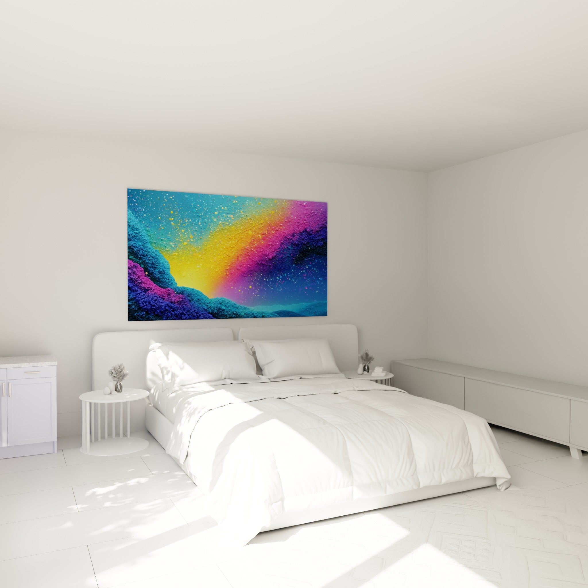 Dégradé jaune et magenta granuleux au-dessus d'un lit dans une chambre claire