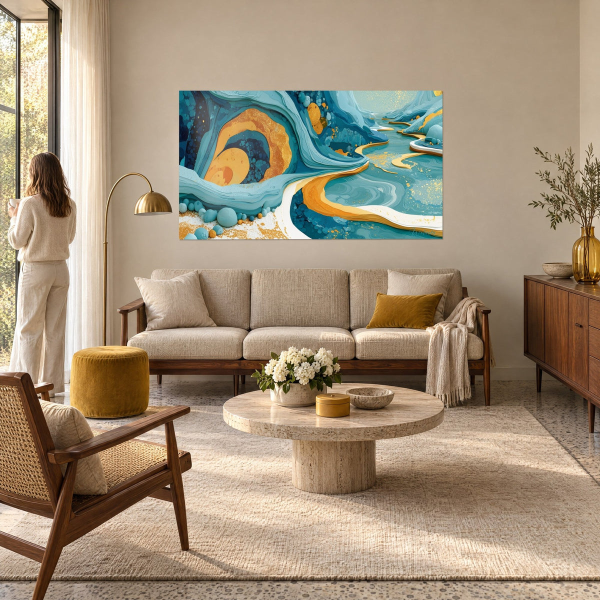Tableau grotte turquoise creusée de strates bleu pétrole et or cuivré, vue par une femme de dos, au-dessus d'un canapé dans un salon lumineux