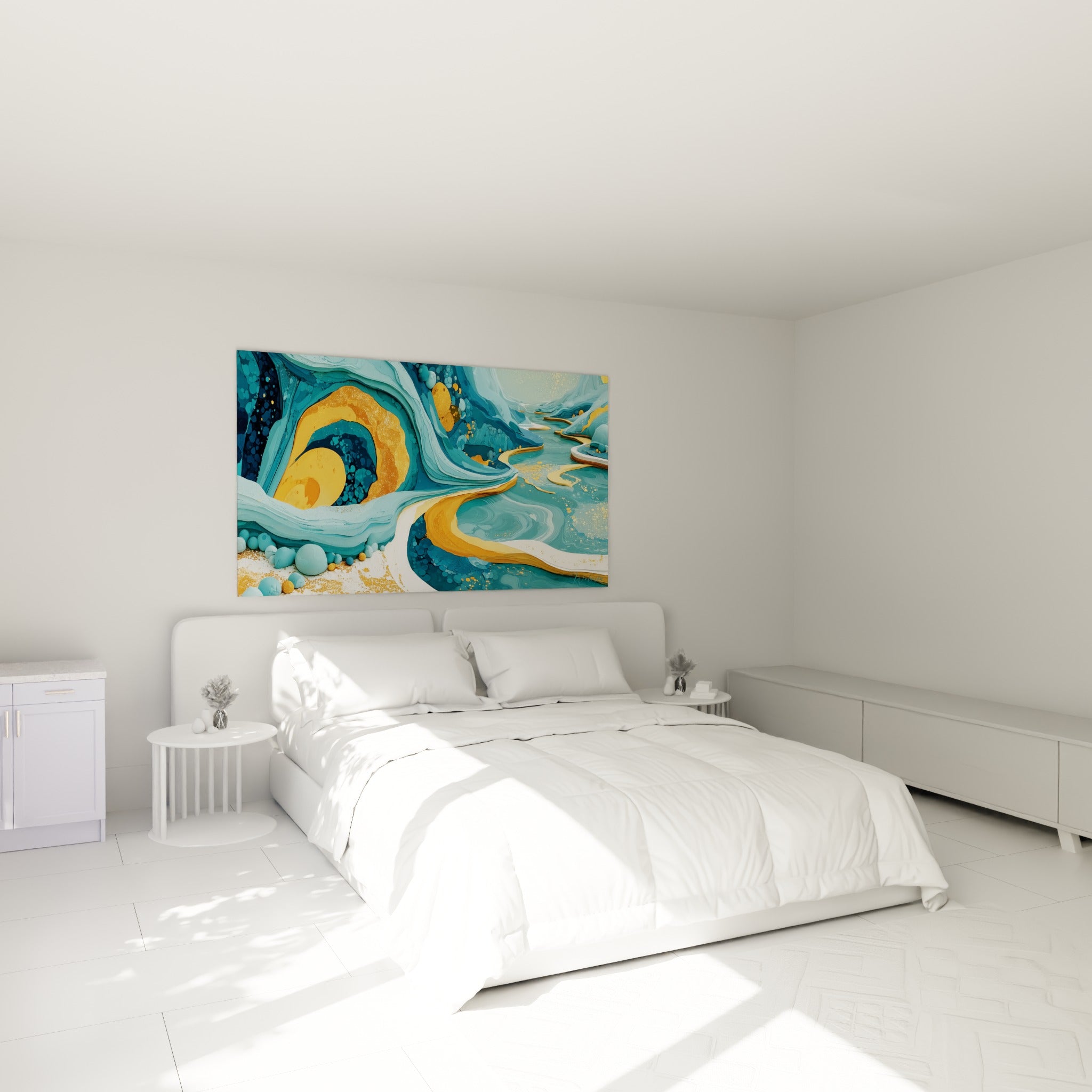 Courbes fluides turquoise et dorées d'un paysage abstrait, au-dessus d'un lit dans une chambre claire