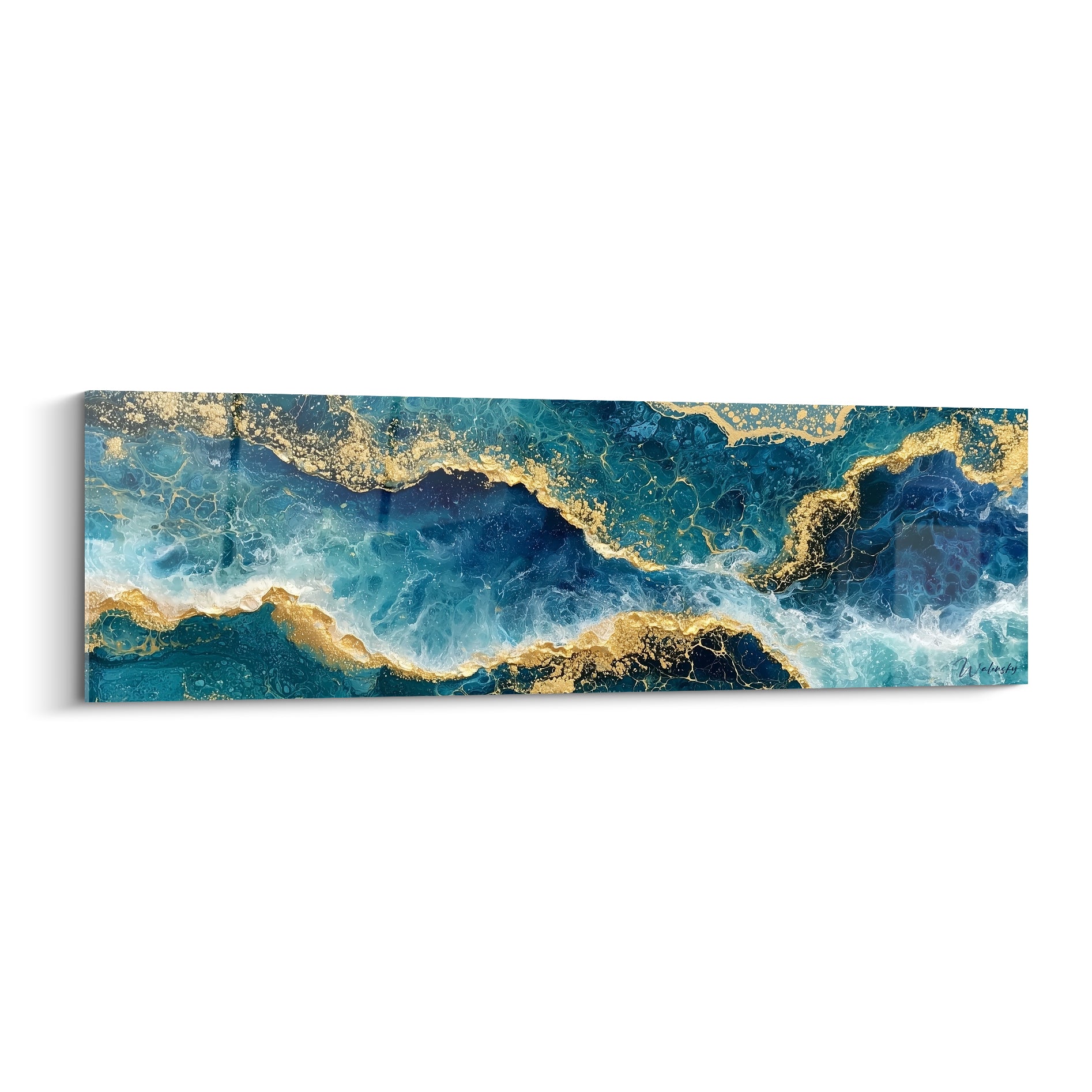 Marbrures fluides bleu marine, turquoise et dorées composant un tableau abstrait aux volutes lumineuses