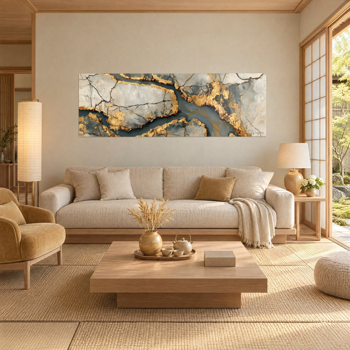 Tableau marbre craquelé gris perle, veines d'or martelé et rivière anthracite, au-dessus d'un canapé dans un salon lumineux