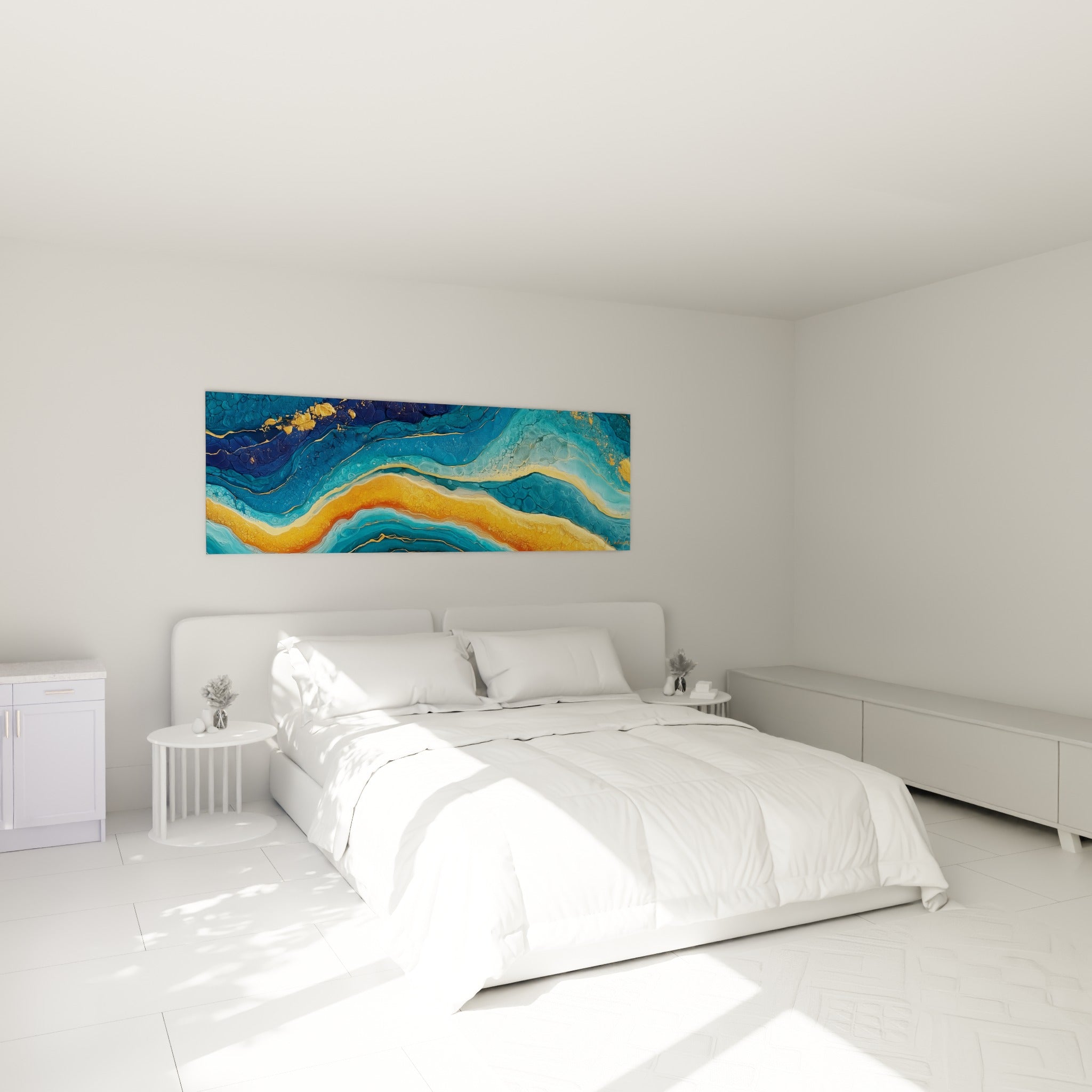 Courbes dorées et bleu turquoise fusionnées, tableau accroché au-dessus d'un lit dans une chambre claire