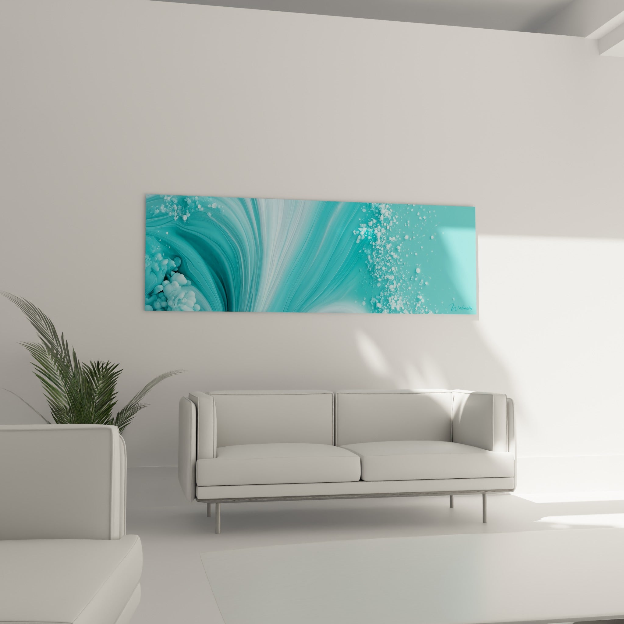 Marbrures turquoise et gouttelettes blanches d'un tableau artistique abstrait au-dessus d'un canapé dans un salon lumineux