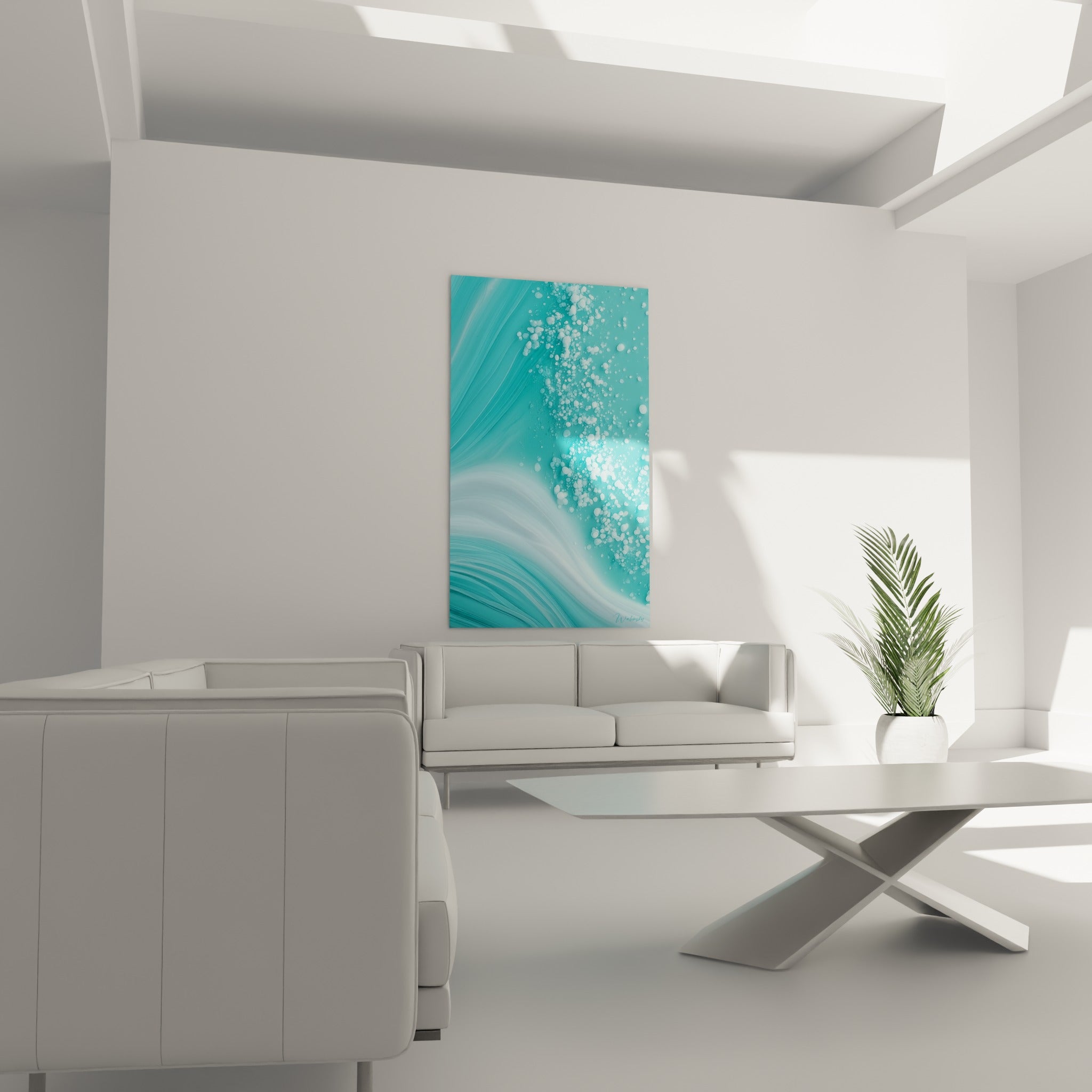 Marbrures bleu turquoise et blanc nacré ondulantes, tableau au-dessus d'un canapé dans un salon lumineux