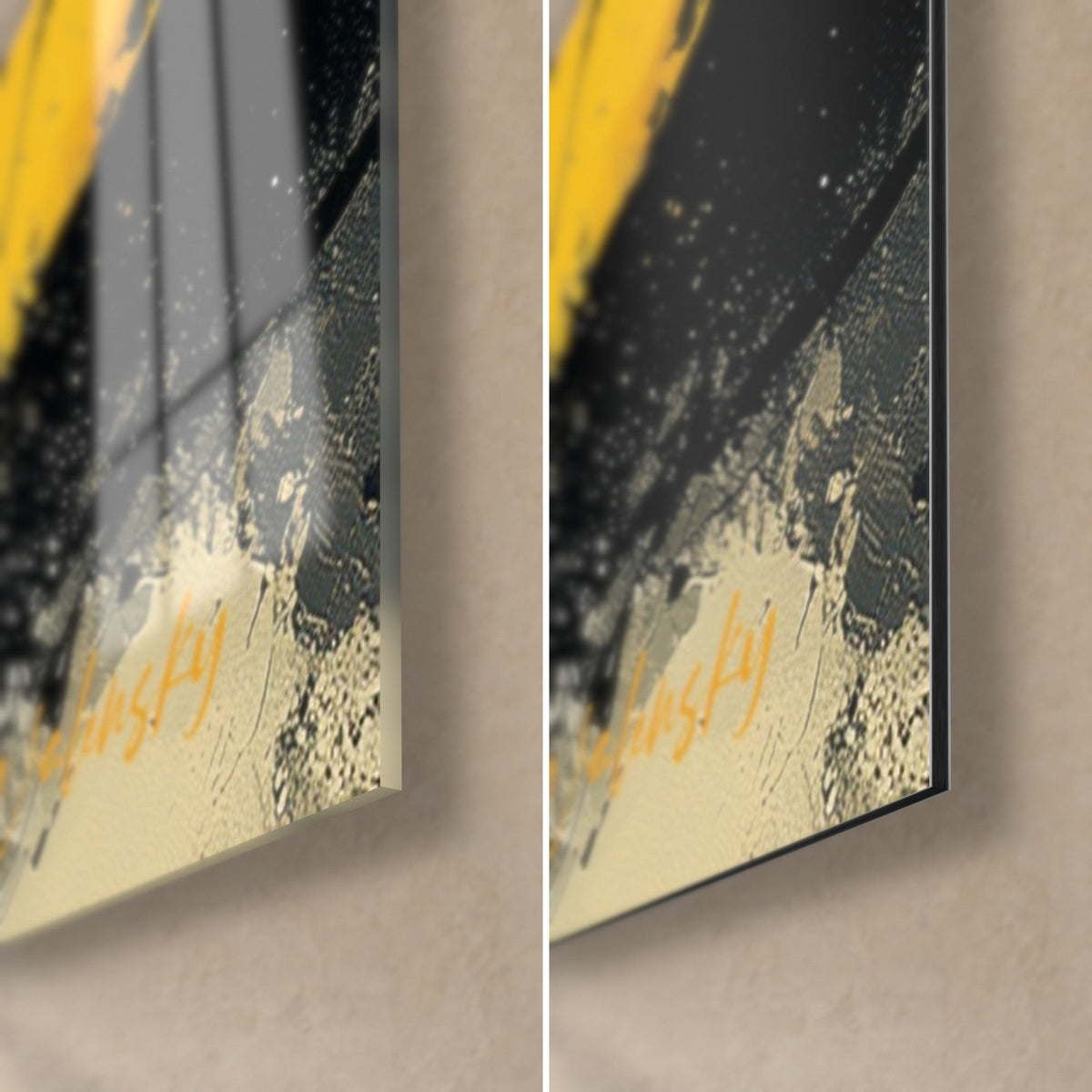 Tableau disque noir et éclats jaunes, coin bas droit : verre acrylique brillant à gauche, alu Dibond mat crème à droite, tranche de 3 mm