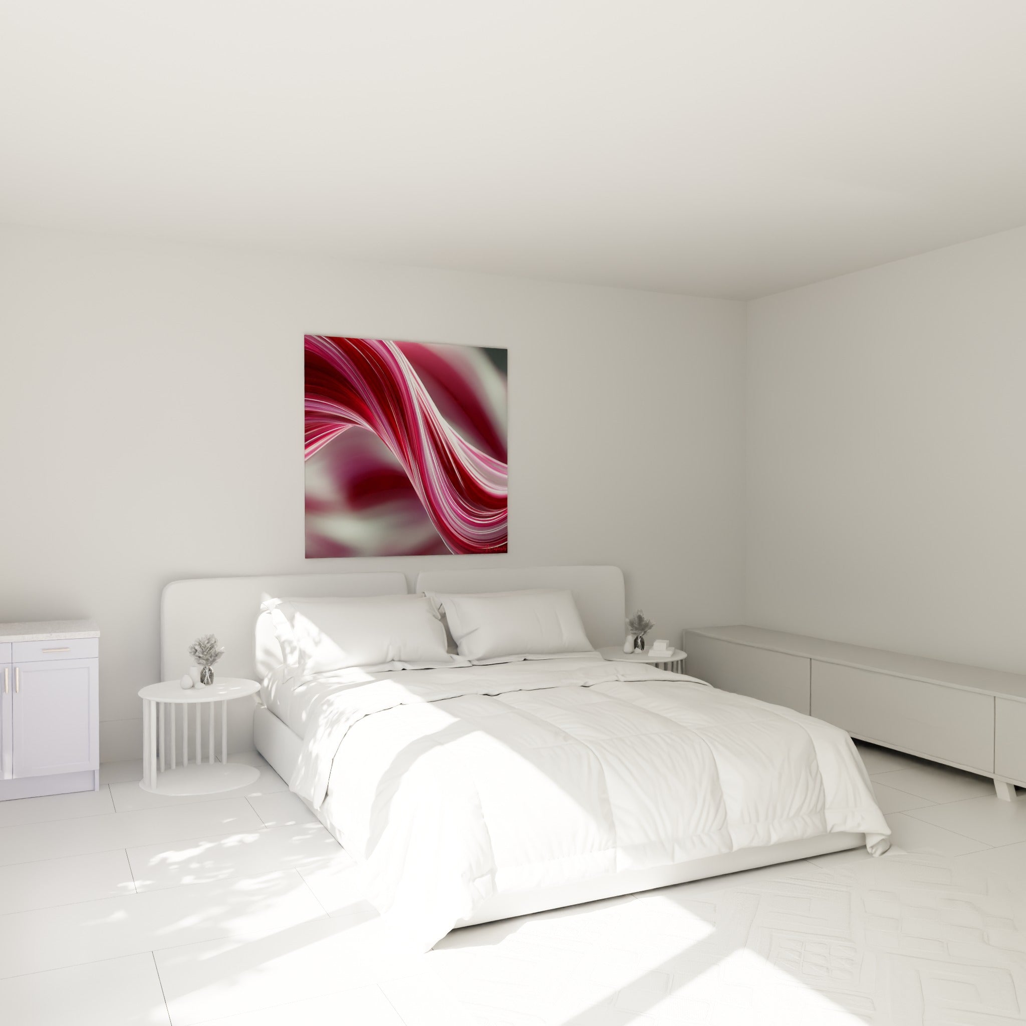 Mèches artistique abstrait bordeaux et roses ondulantes au-dessus d'un lit dans une chambre claire