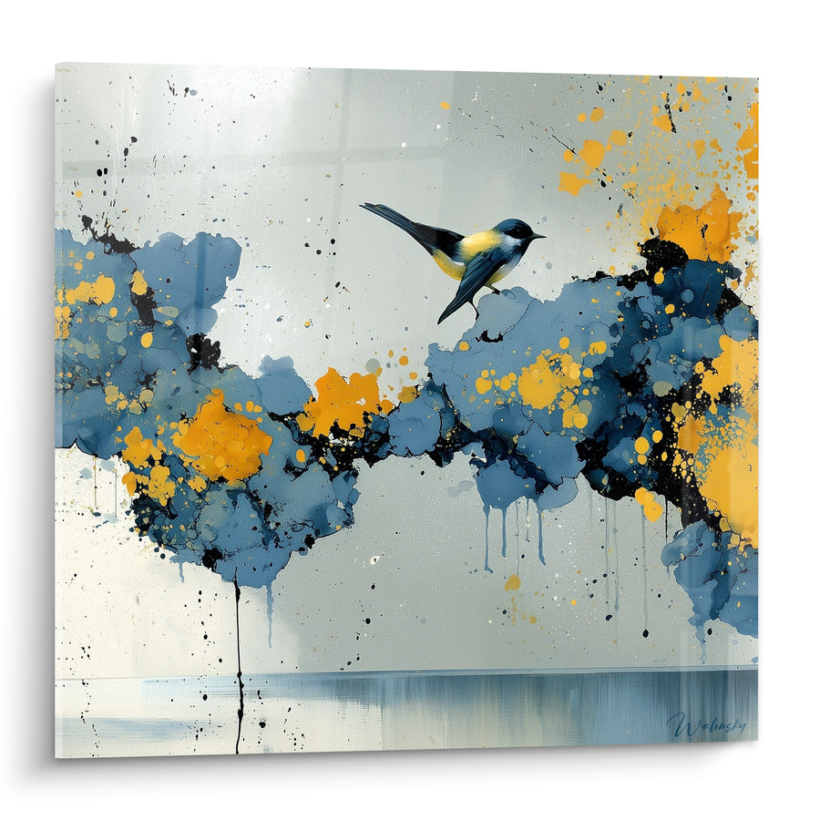 Blautit-Gemälde mit Blaumeise auf Ocker- und Blautropfen - Zerbrechliches Gleichgewicht - Künstlerische Edition abstrakt
