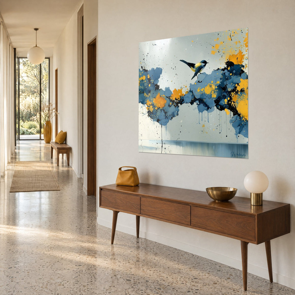 Wall art bird with black wings perched on clouds of slate blue ink and saffron yellow, hallway, off-white wall