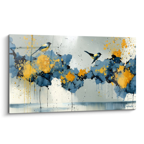 Cuadro de Agujas Azules con Salpicaduras Doradas - Vuelo Suspendido - Edición Artística Abstracta
