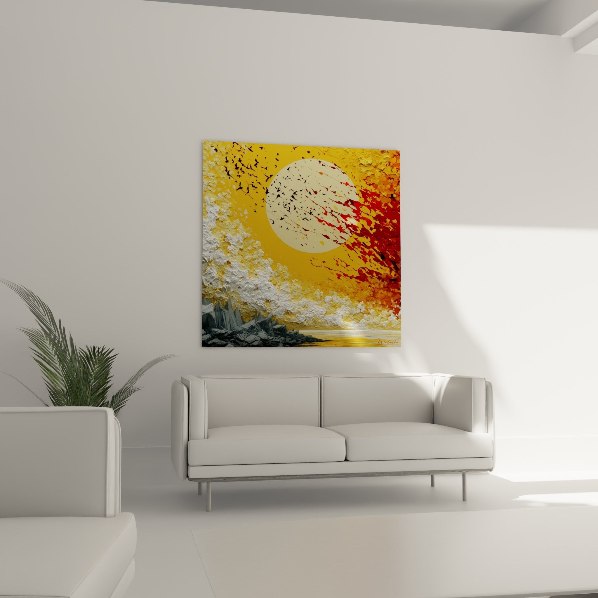 Montagnes anthracite et nuages blancs texturés sous une lune ocre, tableau au-dessus d'un canapé dans un salon lumineux