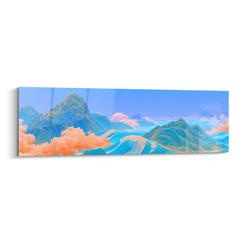 Tableau Montagnes bleues et nuages pêche fusionnés - Souffle des cimes - Edition Artistique abstrait