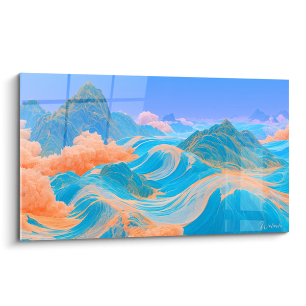 Cuadro Montañas azul turquesa y naranja con nubes fundidas - Picos y brumas fusionados - Edición Artística abstracta