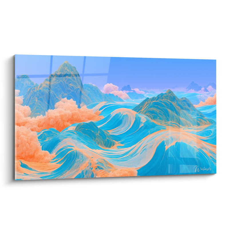 Tableau Montagnes bleu turquoise et orange aux nuages fondus - Pics et brumes fusionnés - Edition Artistique abstrait