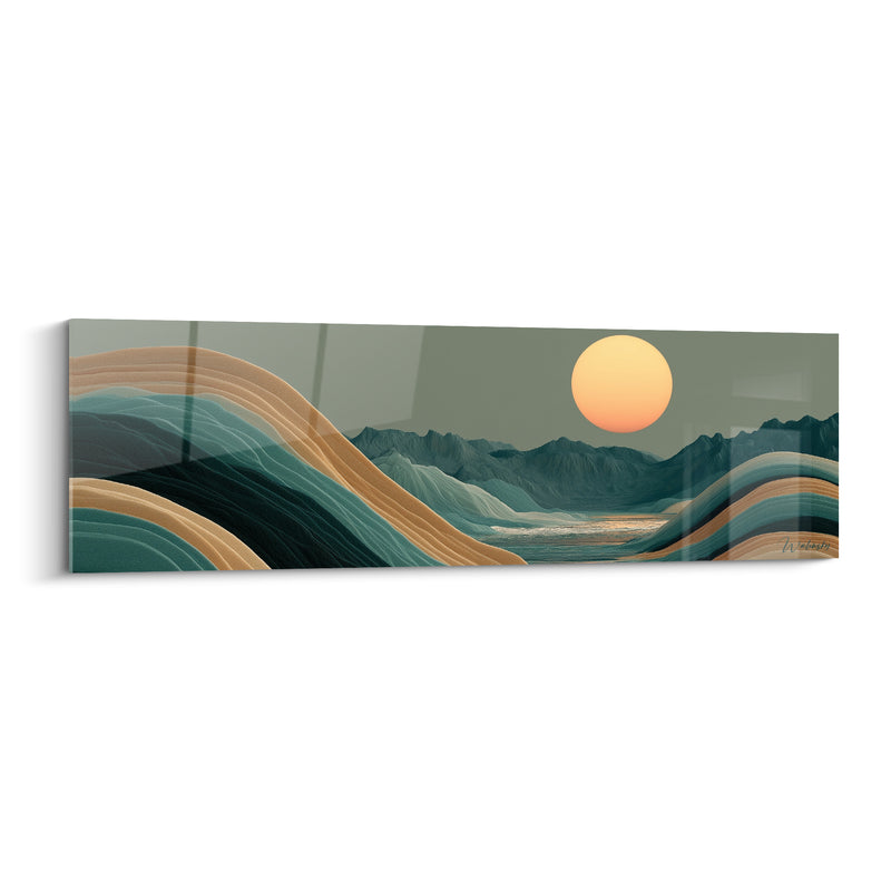 Tableau Montagnes ocre et vert soleil levant - Aube sur les cimes - Edition Artistique abstrait