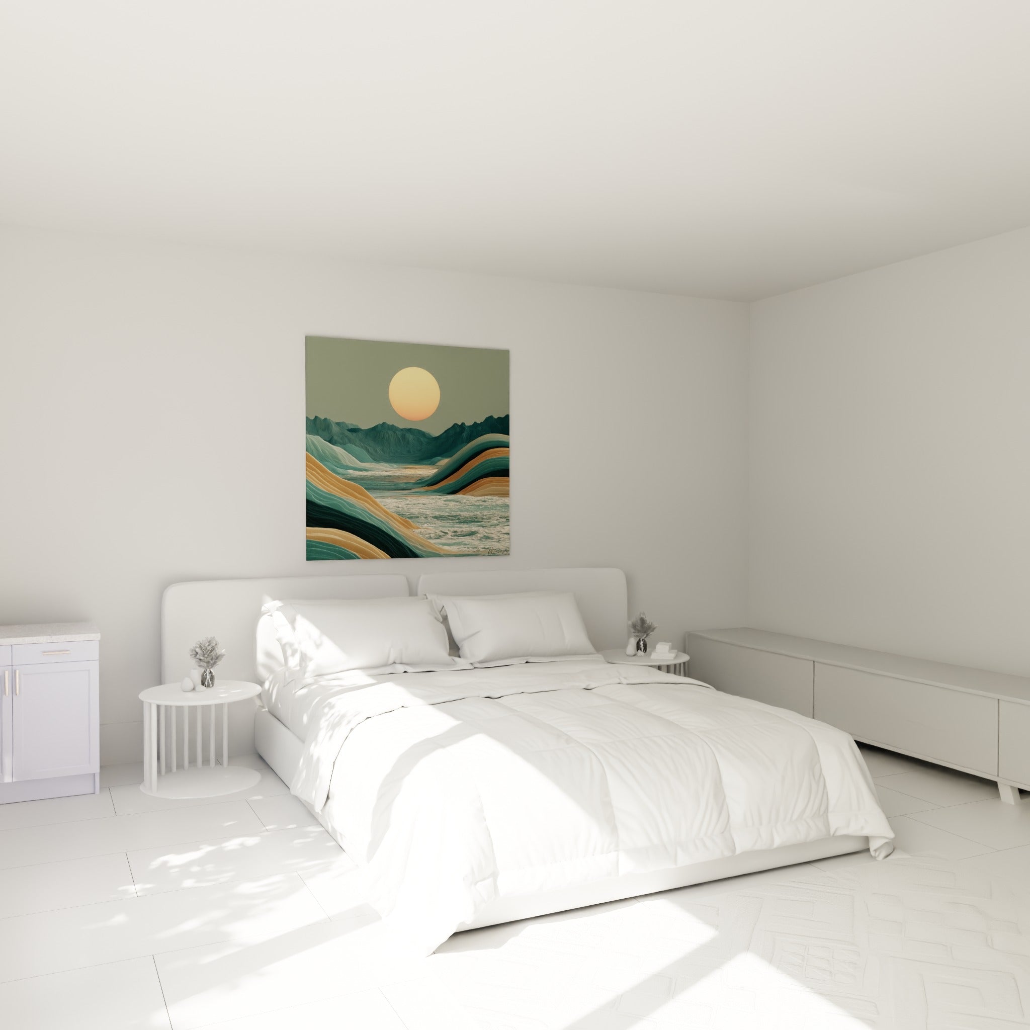 Vagues stratifiées ocre et vert sarcelle sous un soleil pastel, au-dessus d'un lit dans une chambre claire