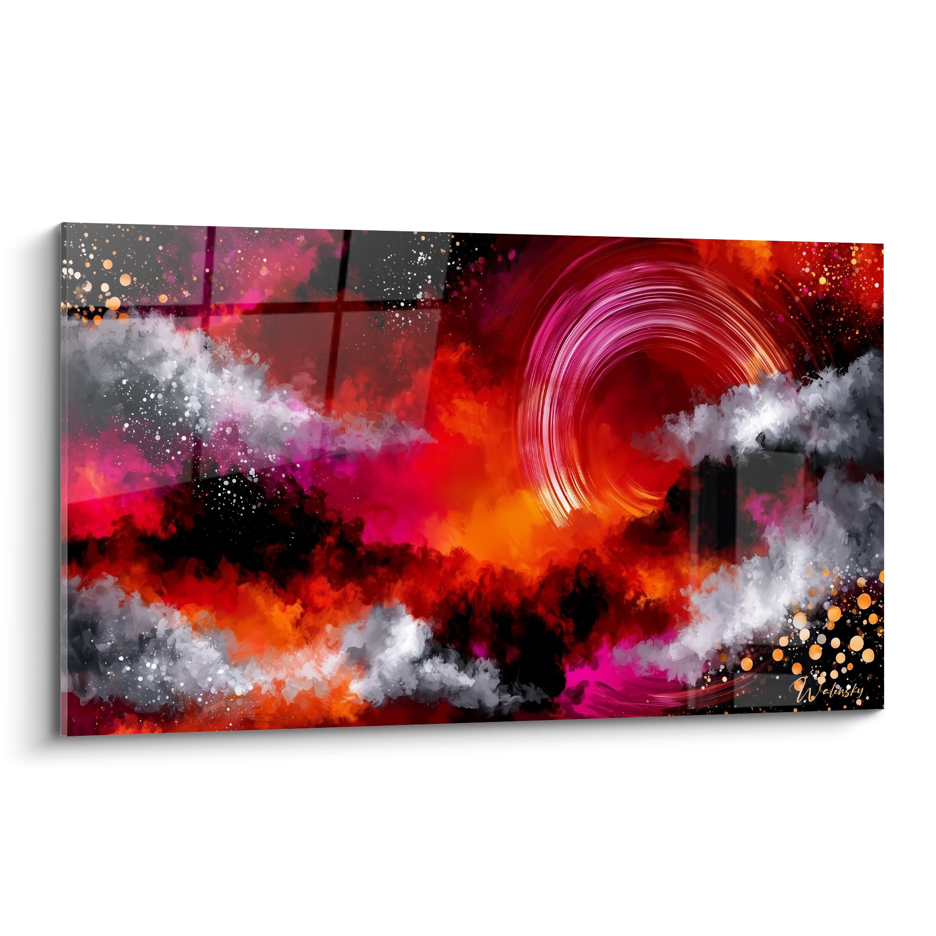 Nébuleuse rouge et orange en tourbillon, volutes grises et éclats dorés, style abstrait