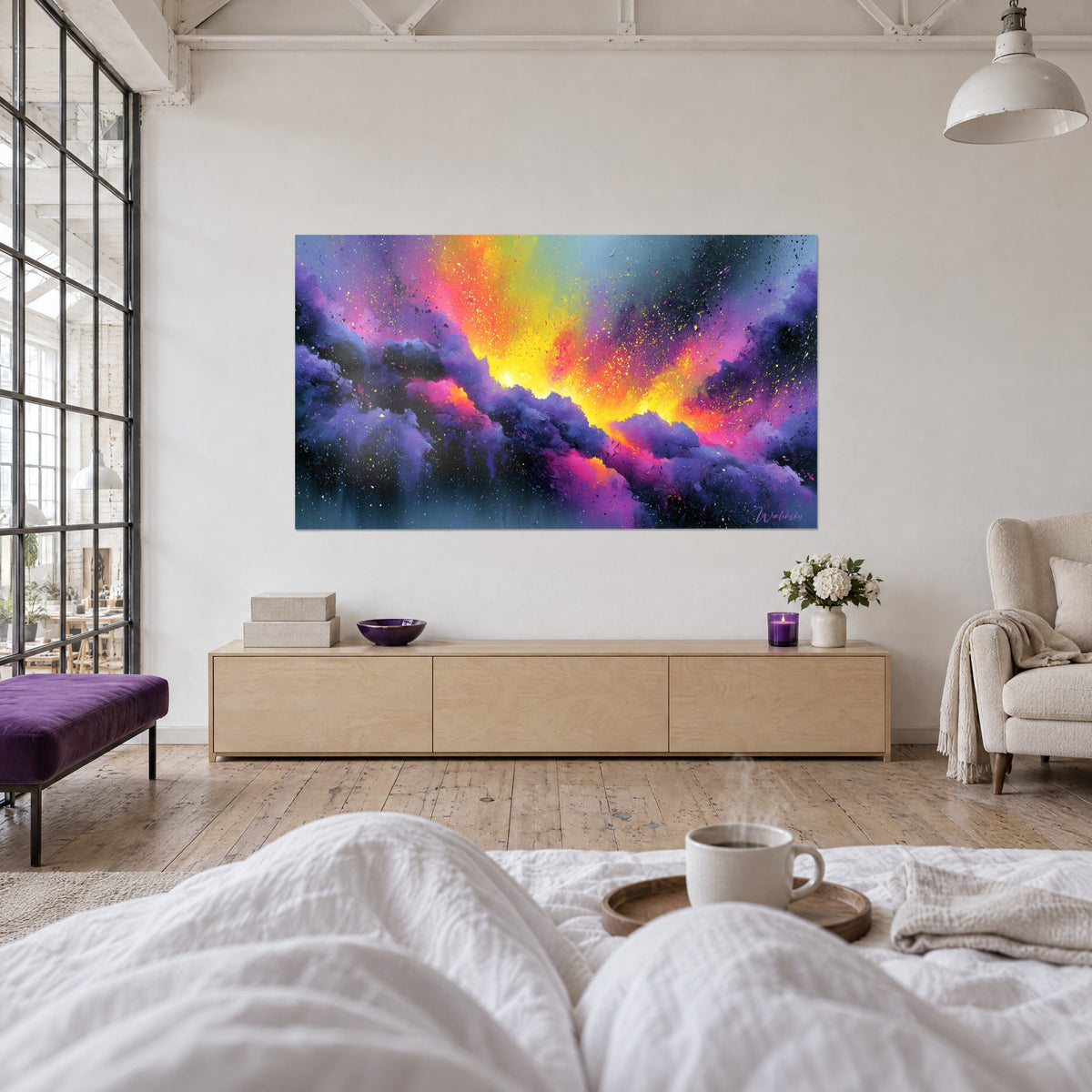 Wall art yellow and fuchsia stellar explosion between violet masses, viewed by a person from behind, above a bed in a bright bedroom