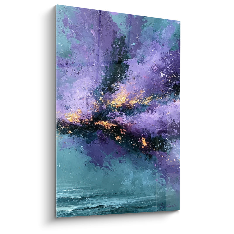 Tableau Faille violette et turquoise aux étincelles dorées - Fracture nocturne incandescente - Edition Artistique abstrait