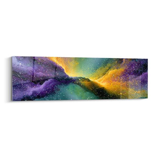 Cuadro Nebulosa Violeta y Dorada con Polvo de Estrellas - Grieta Luminosa Panorámica - Edición Artística Abstracta