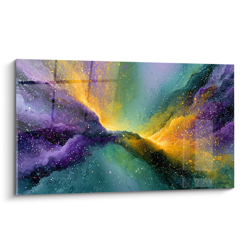 Tableau Nébuleuse violette et verte au sillon doré - Poussières d'étoiles scintillantes - Edition Artistique abstrait