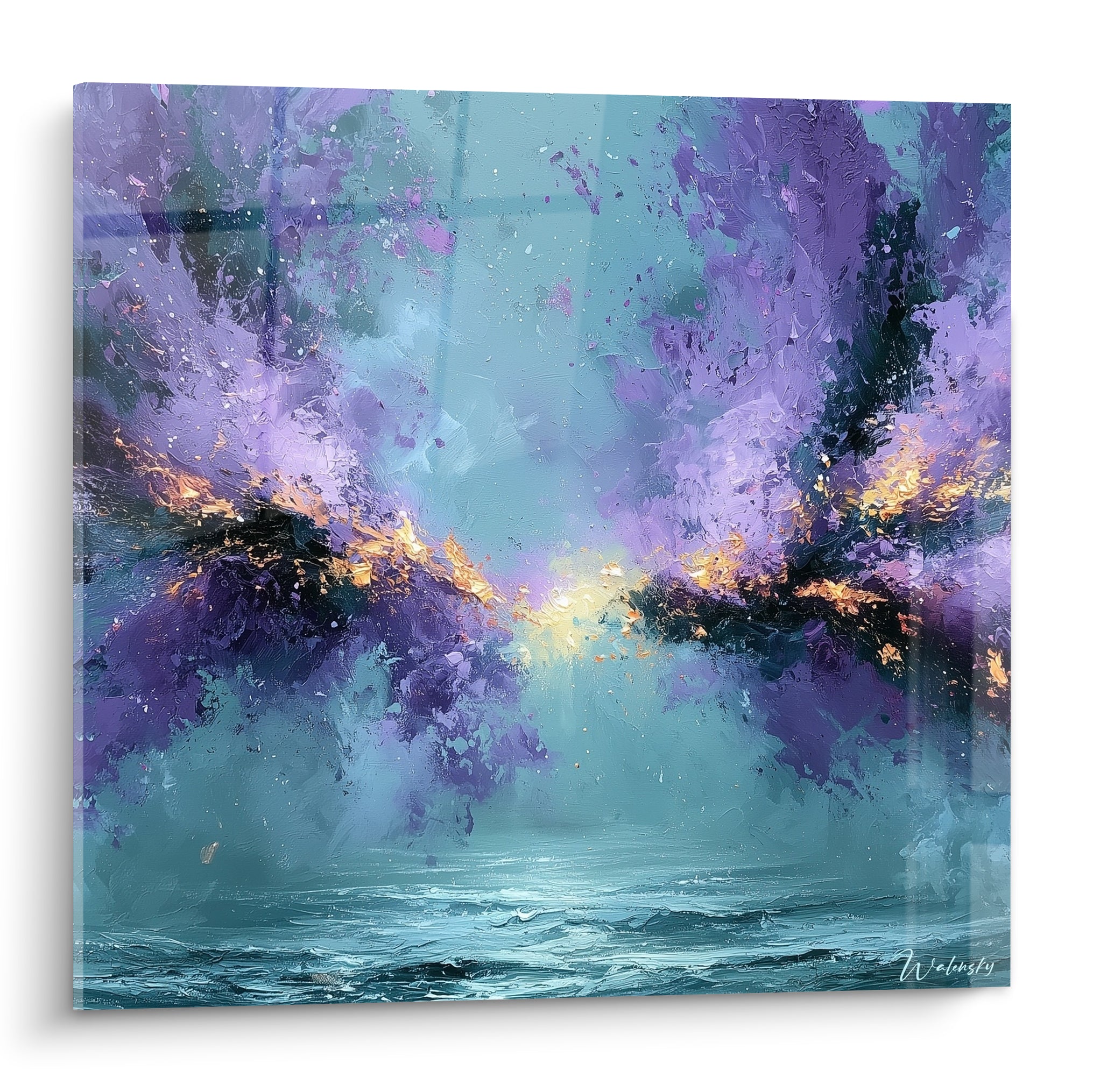 Nébuleuse abstraite en violet et turquoise avec éclat doré central, texture au couteau à peindre