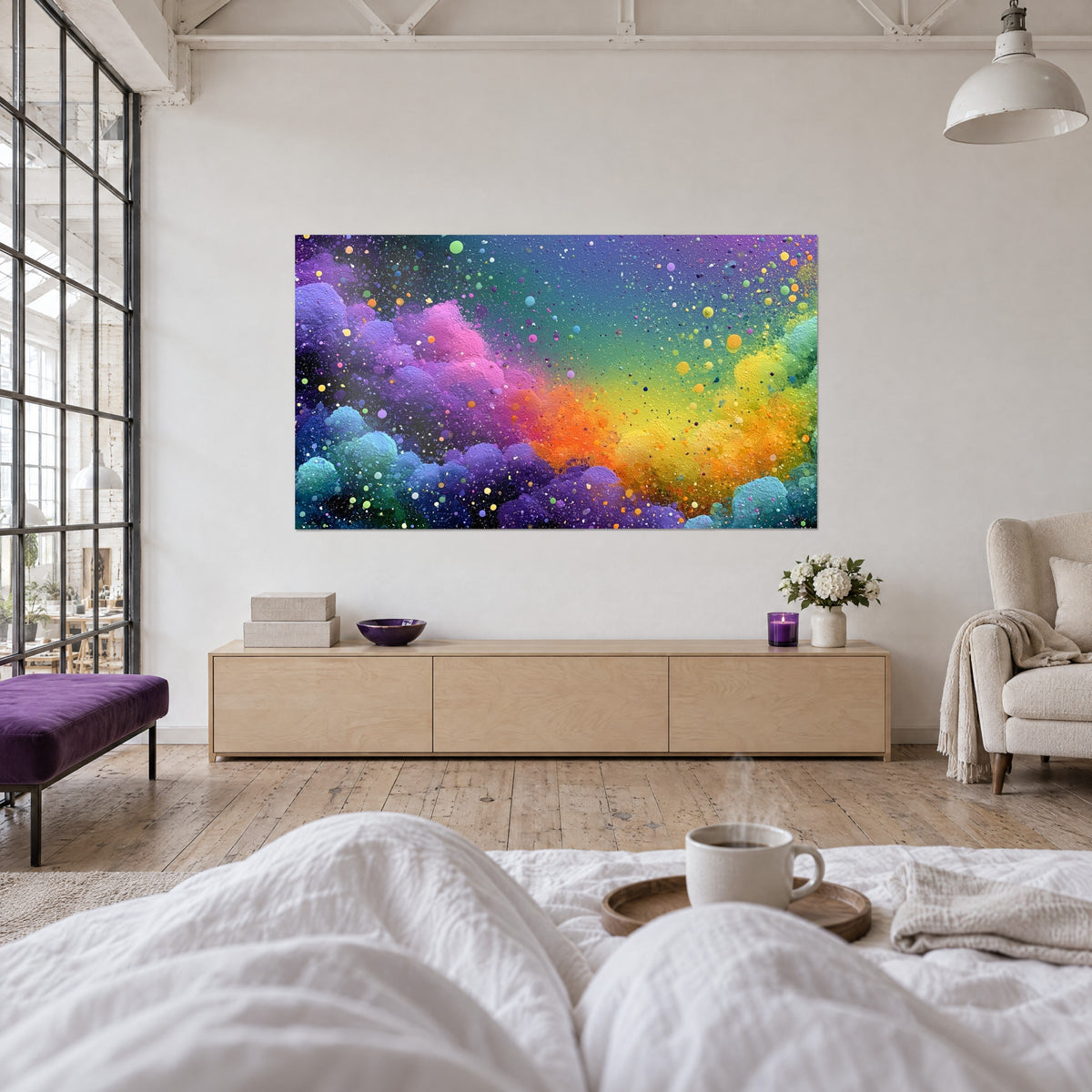 Gemälde gemalte Galaxie mit malvenfarbenen und goldenen Schwüngen, verstreute bunte Kugeln, über einem Bett in einem hellen Schlafzimmer