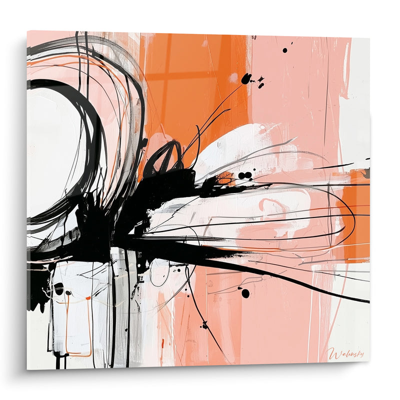Tableau Cercle noir et orange aux lignes fouettées - Éclaboussures gestuelles saumon - Edition Artistique abstrait