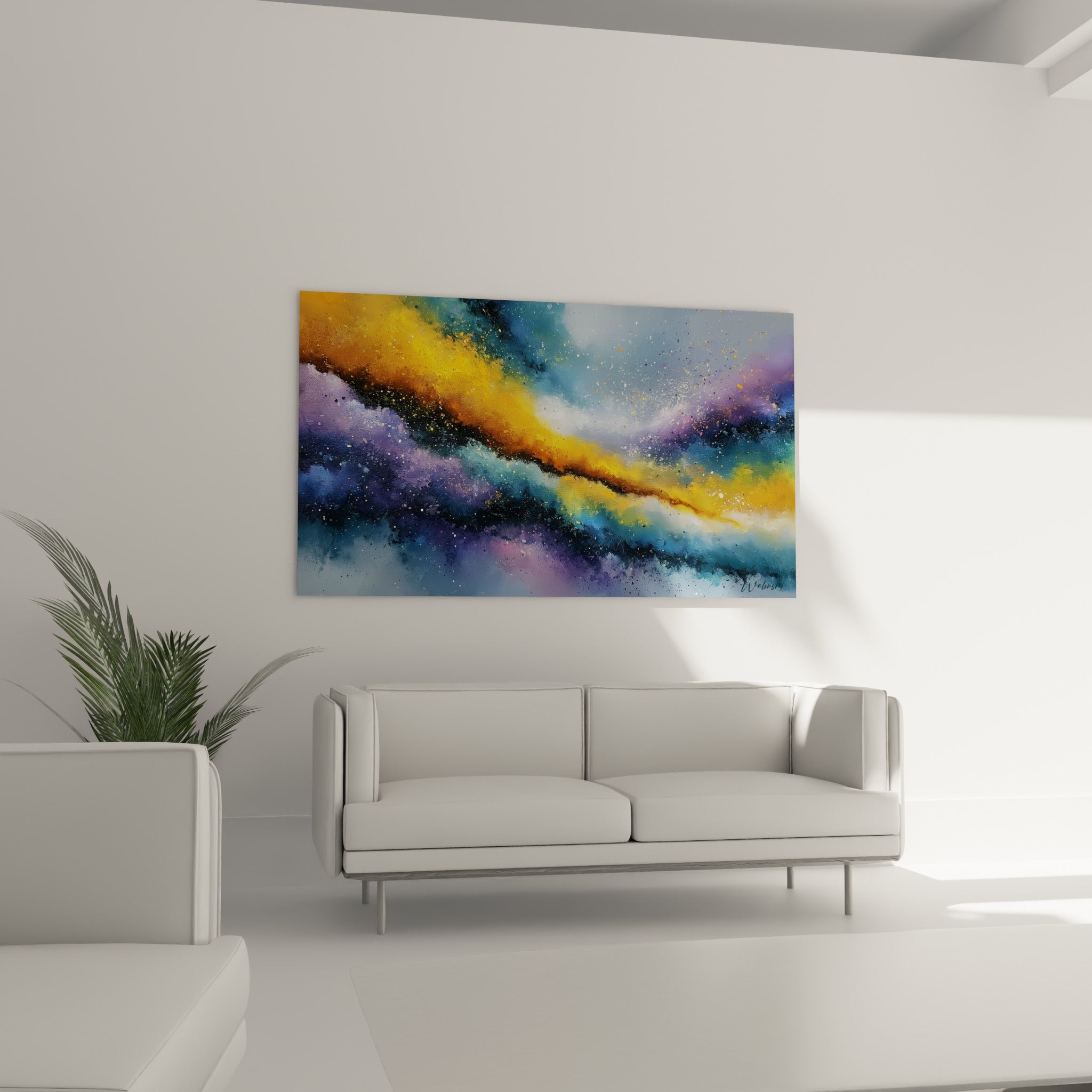 Masses bleu marine et pourpre de cette œuvre cosmique au-dessus d'un canapé dans un salon lumineux