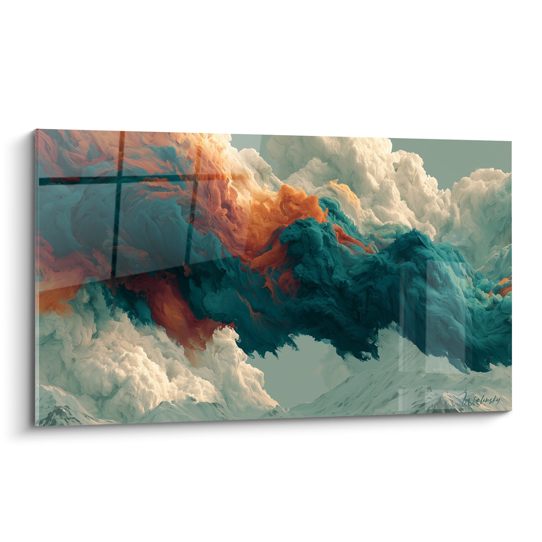 Nuages sarcelle et orange se déployant en volutes denses, tableau Artistique abstrait aux teintes contrastées