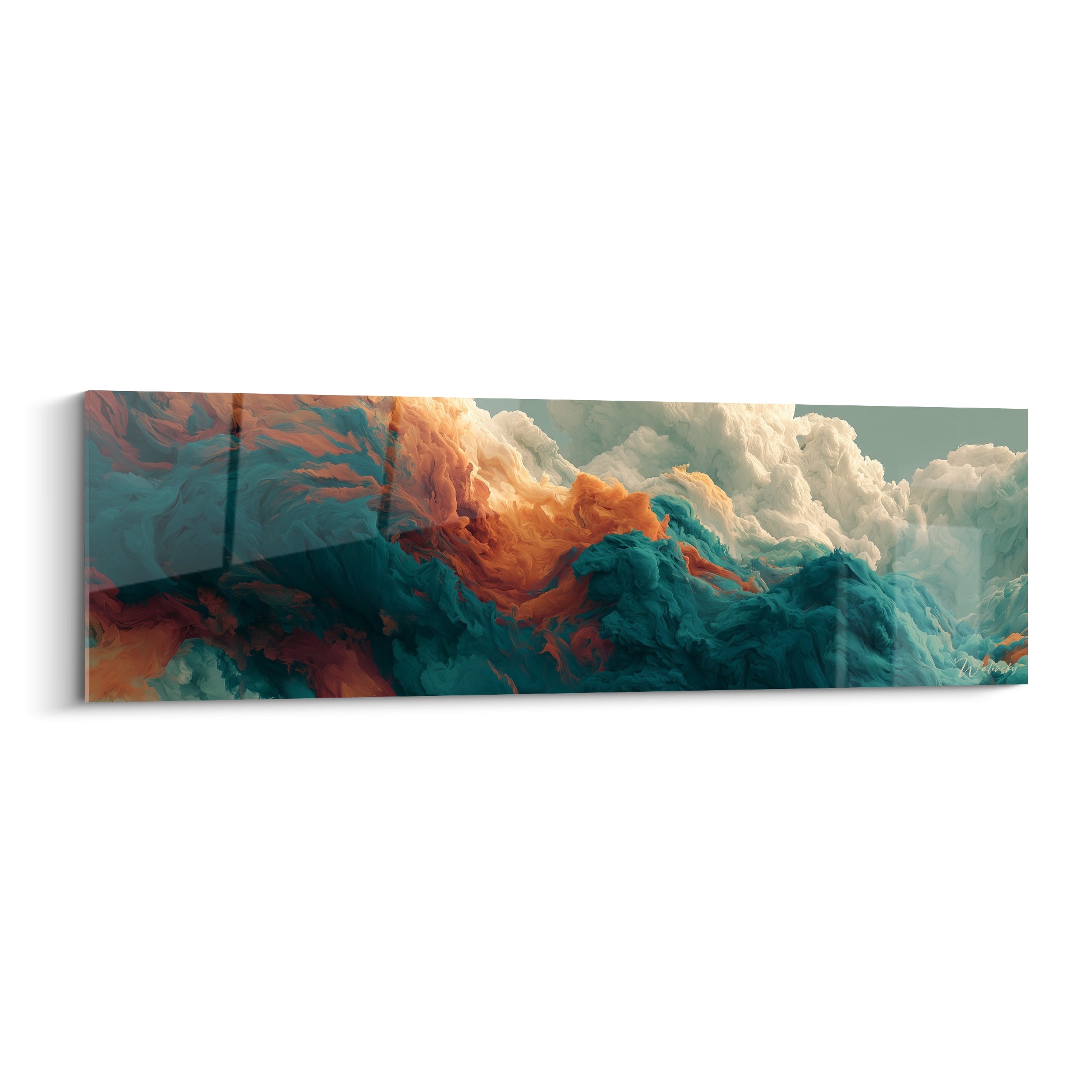 Nuages ocre et turquoise s'embrasent dans un tourbillon spectaculaire, tableau abstrait aux textures épaisses