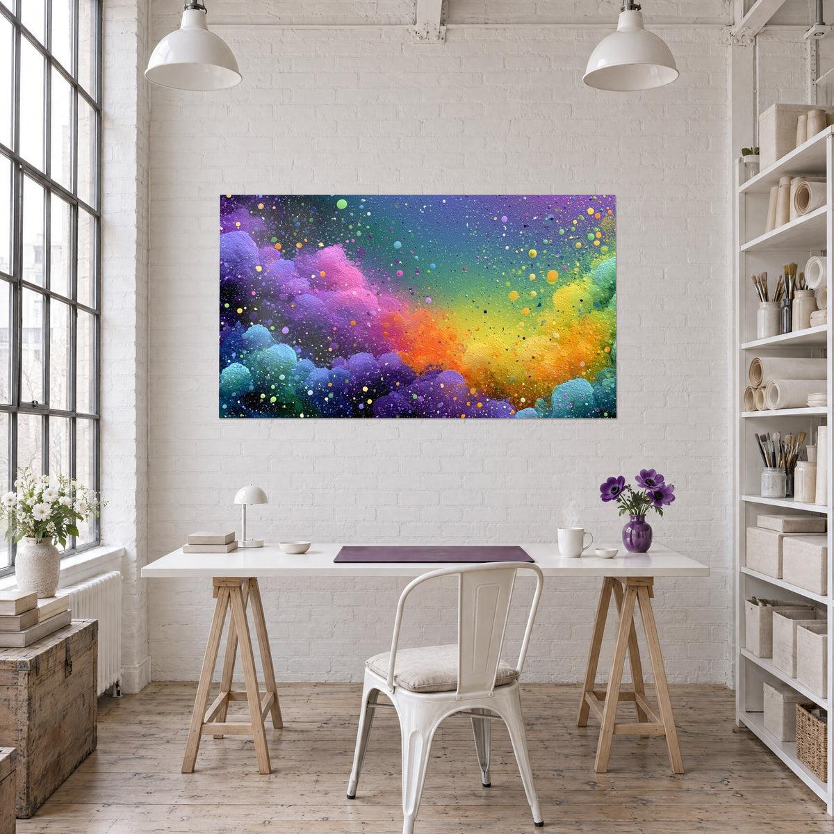 Gemälde abstrakter Sternenhimmel mit purpurnen, grünen und orangen Wolken, dicke Materie, weiße Wand eines Loft-Büros