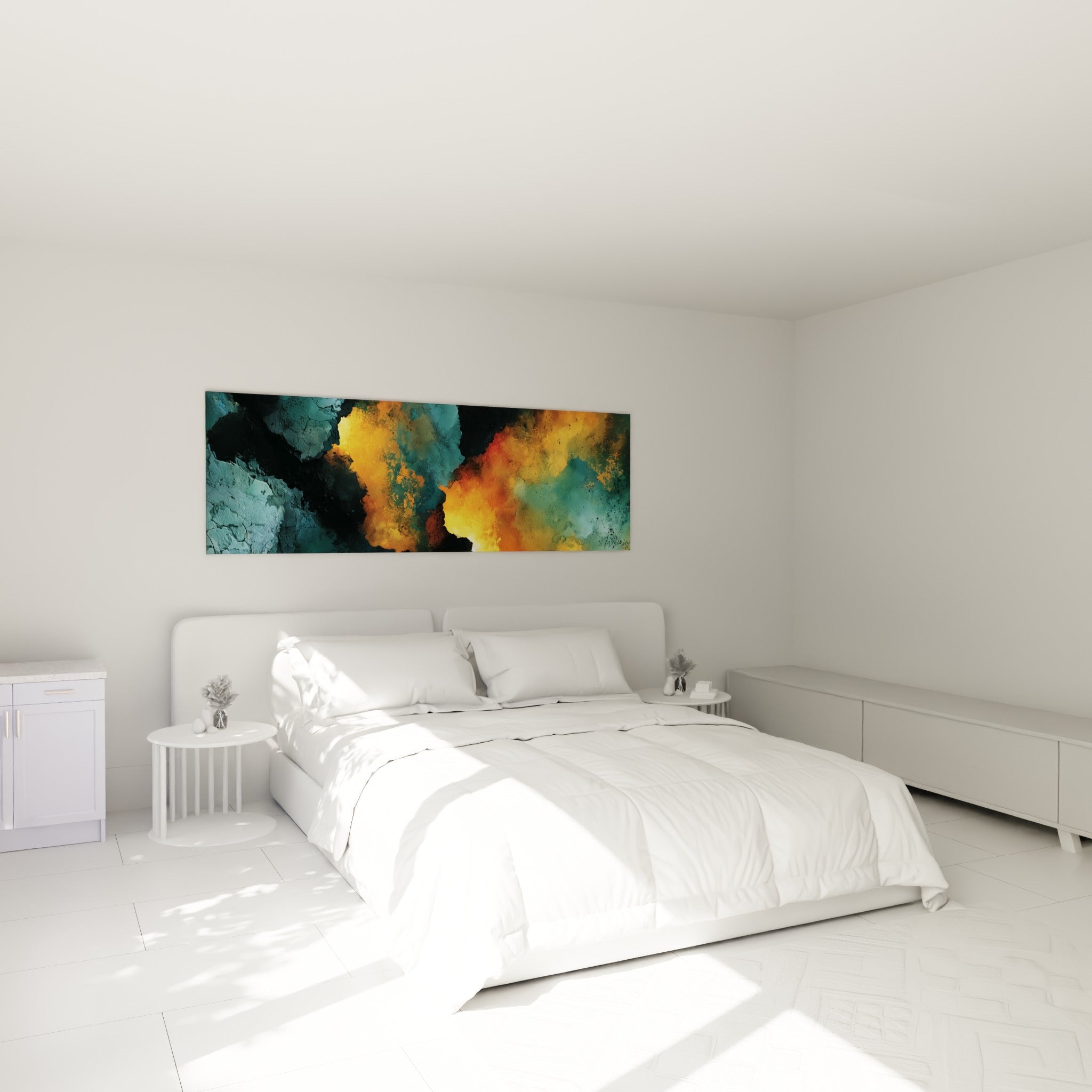 Lueurs ambrées et fond anthracite fissuré de ce tableau abstrait au-dessus d'un lit dans une chambre claire