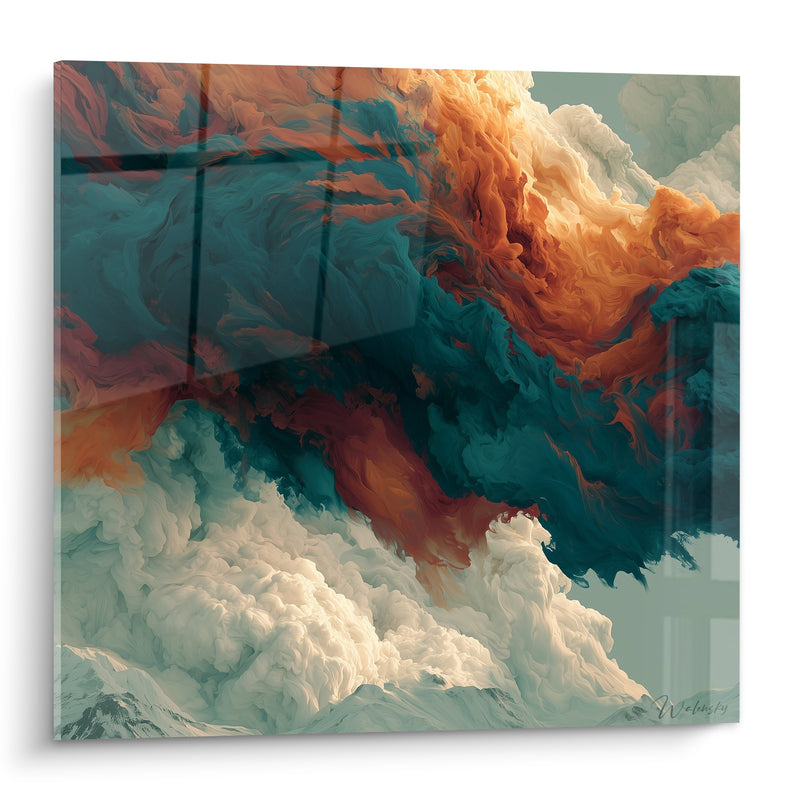 Tableau Nuées fumées orange et sarcelle - Collision atmosphérique - Edition Artistique abstrait