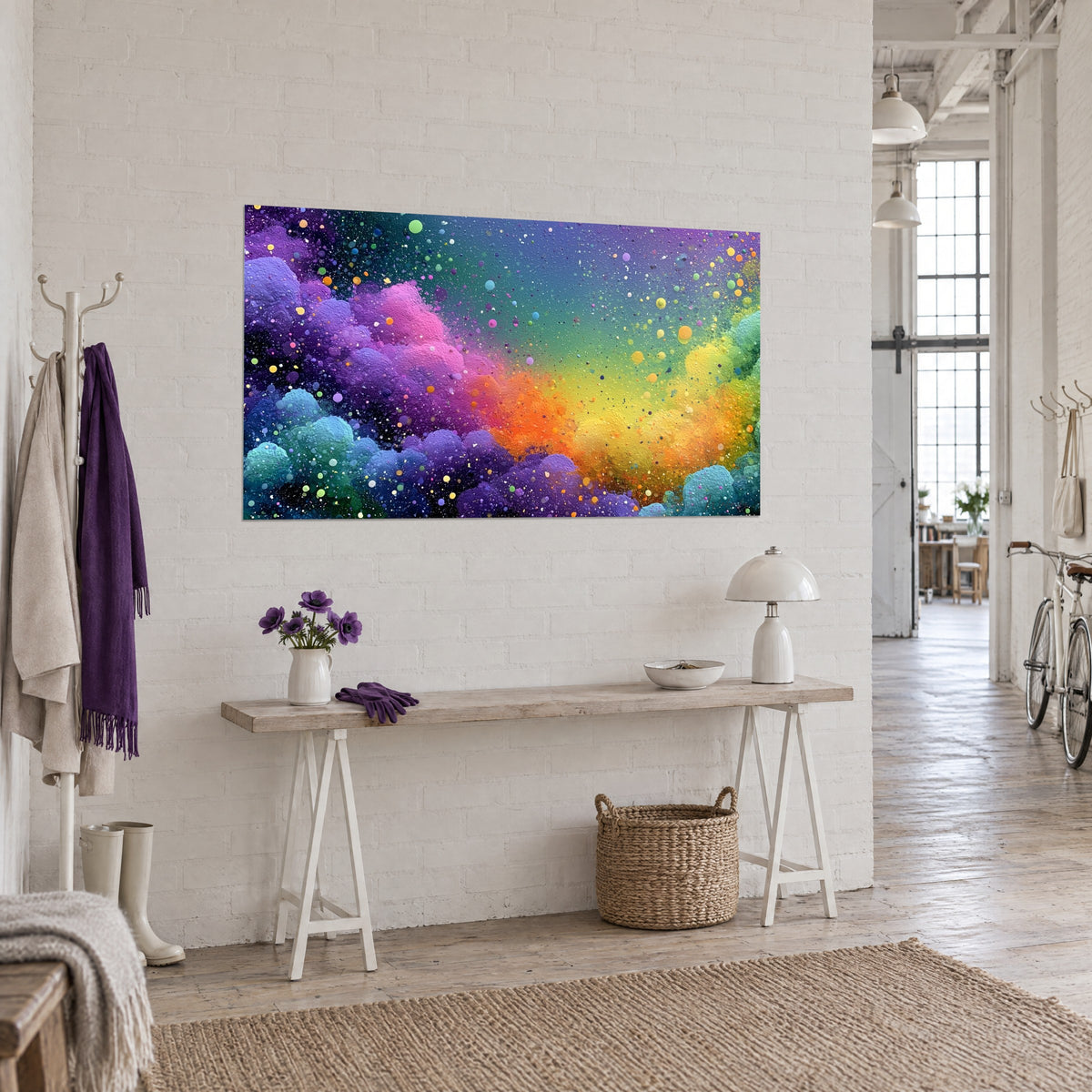 Gemälde abstraktes Kosmos mit violetten und rosa Wolken, orangener Verlauf zu Zitronengelb, aus Dreiviertelansicht in einem Künstlerloft