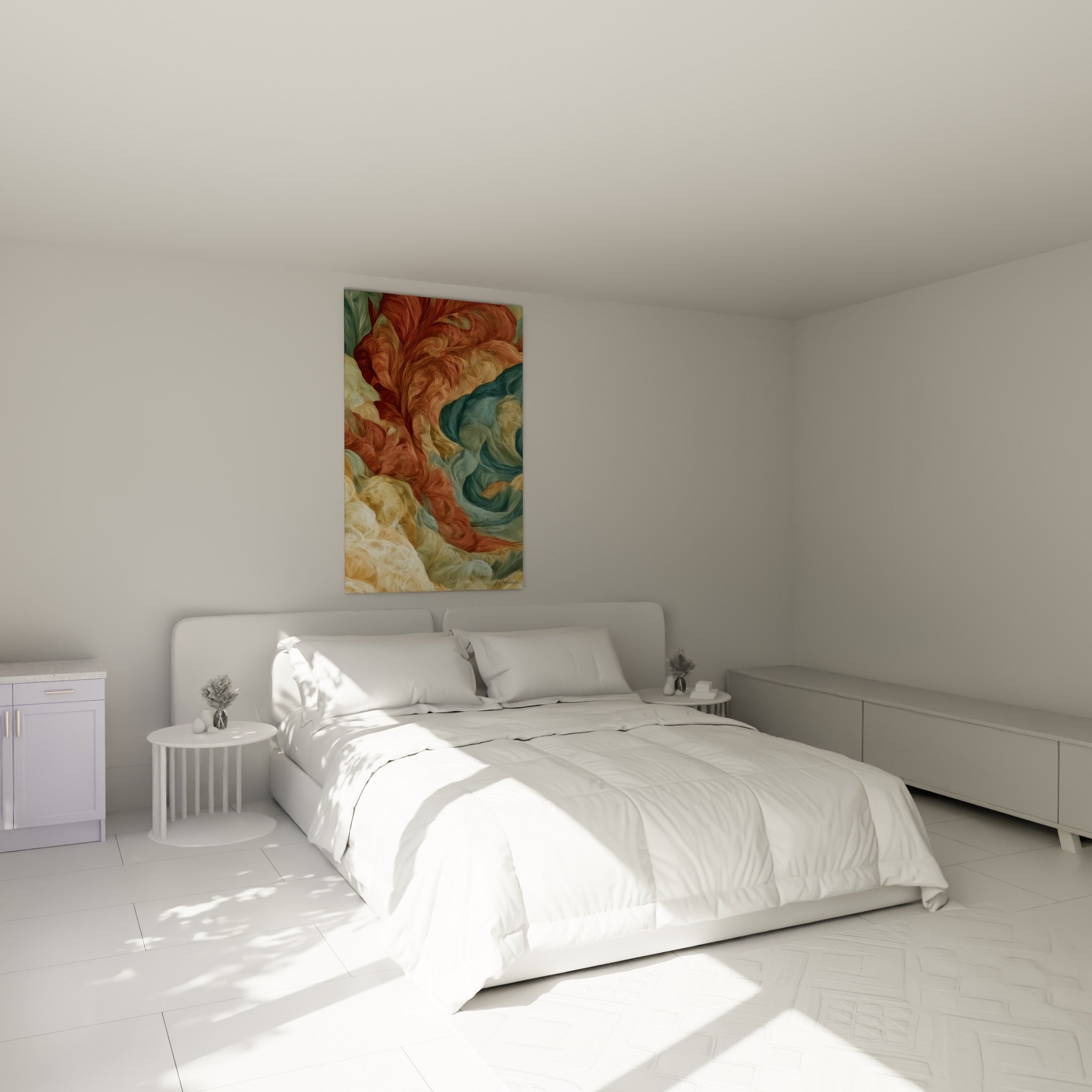 Volutes ocre et bleu pétrole d'une œuvre artistique abstraite, accrochée au-dessus d'un lit dans une chambre claire