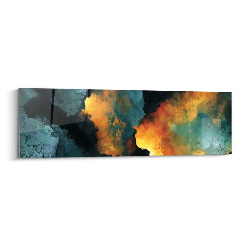 Tableau Nuées orangées et bleu pétrole texturées - Brasier contenu - Edition Artistique abstrait