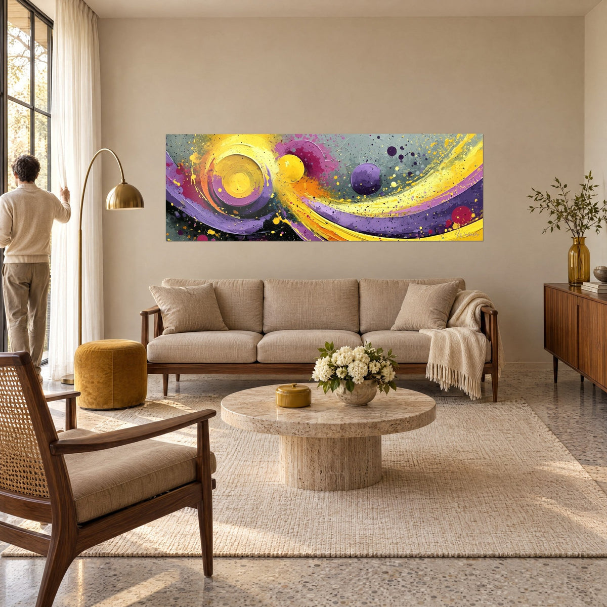 Cuadro espiral solar amarilla y morada, salpicaduras sobre fondo gris, un hombre de espaldas, sobre un sofá en un salón luminoso