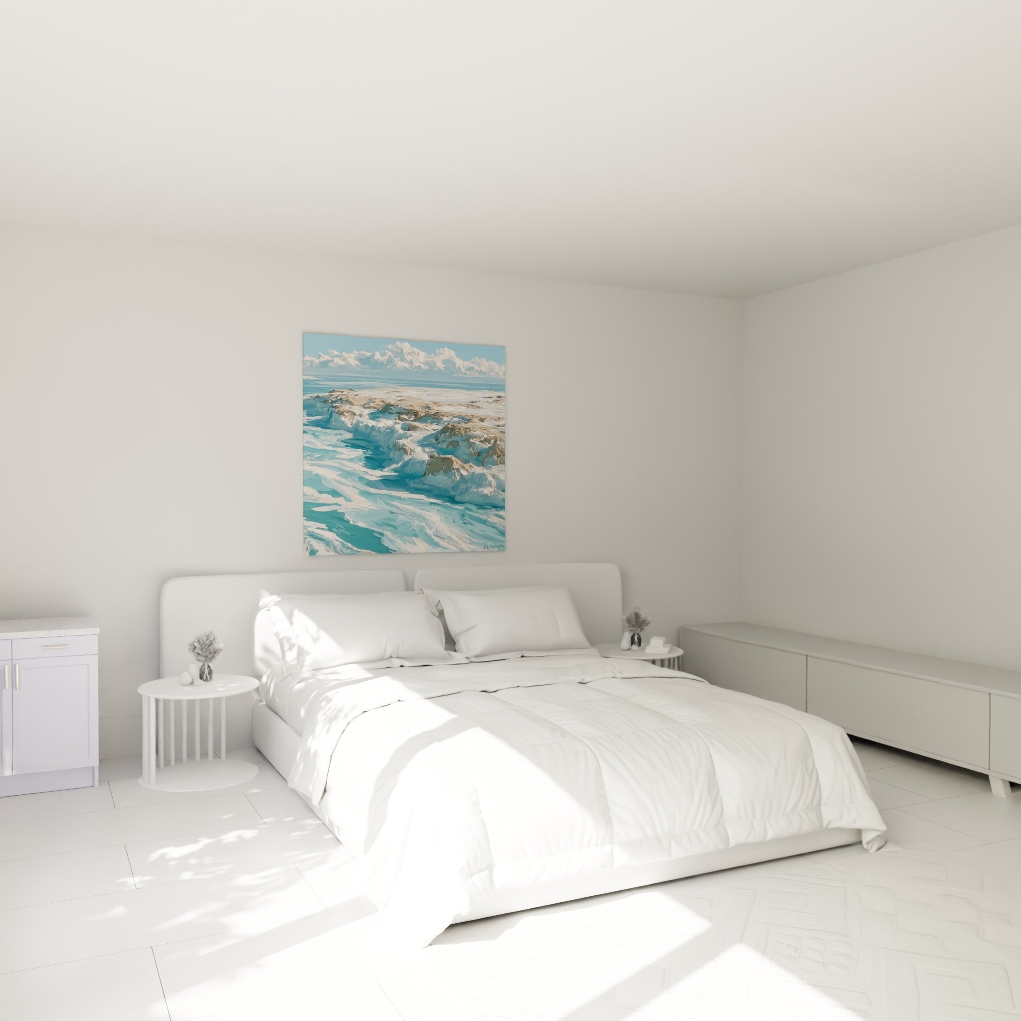 Paysage glaciaire turquoise et sable, composition abstraite, accrochée au-dessus d'un lit dans une chambre claire