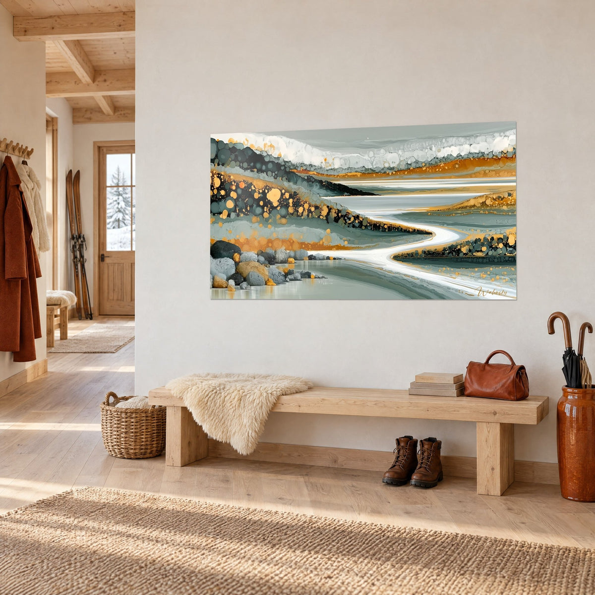 Tableau rivière blanche sinueuse bordée de rochers ocre, vert-de-gris et noir, accroché au-dessus d'un banc en bois d'entrée de chalet