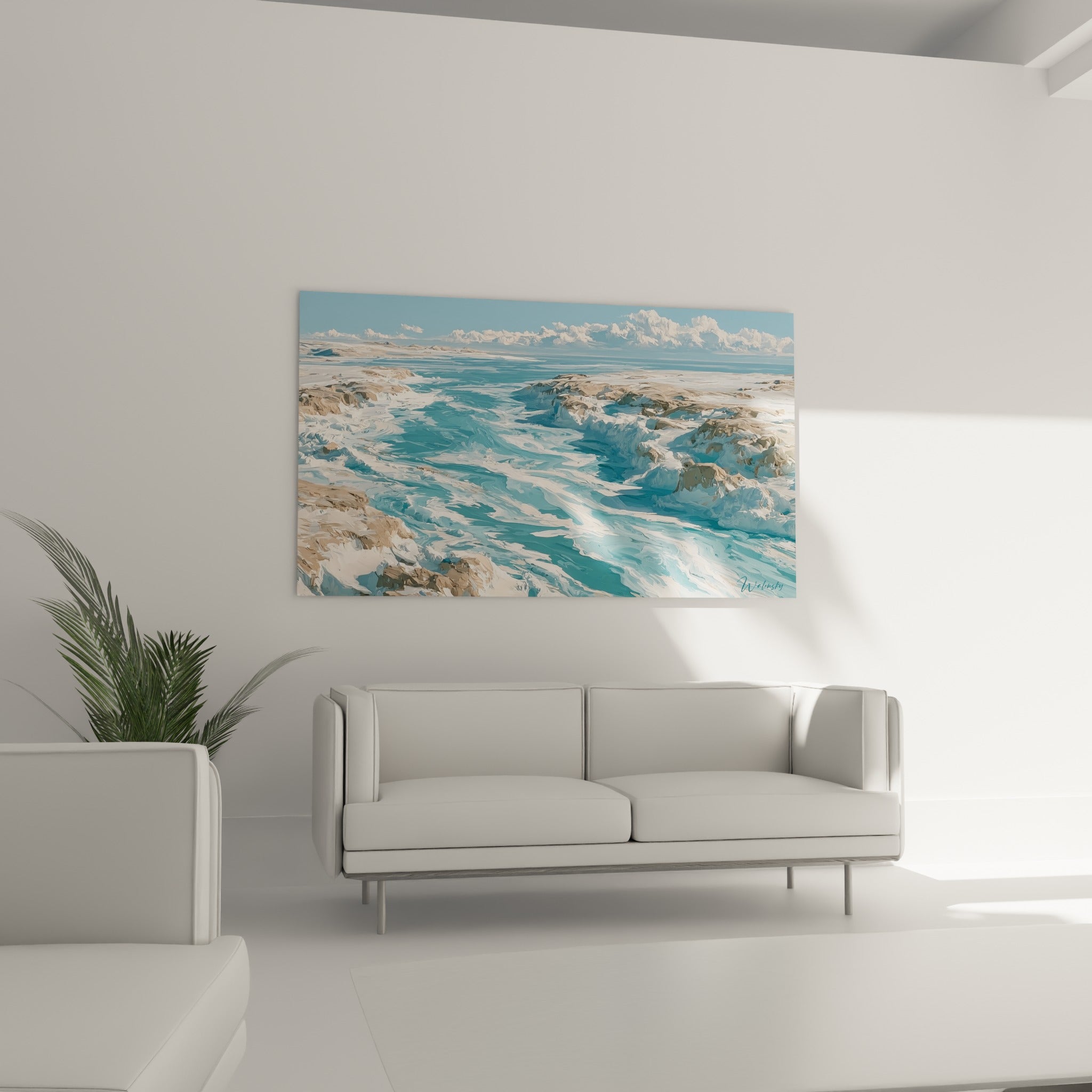 Ravin polaire bleu et beige aux empâtements marqués, tableau artistique abstrait au-dessus d'un canapé dans un salon lumineux