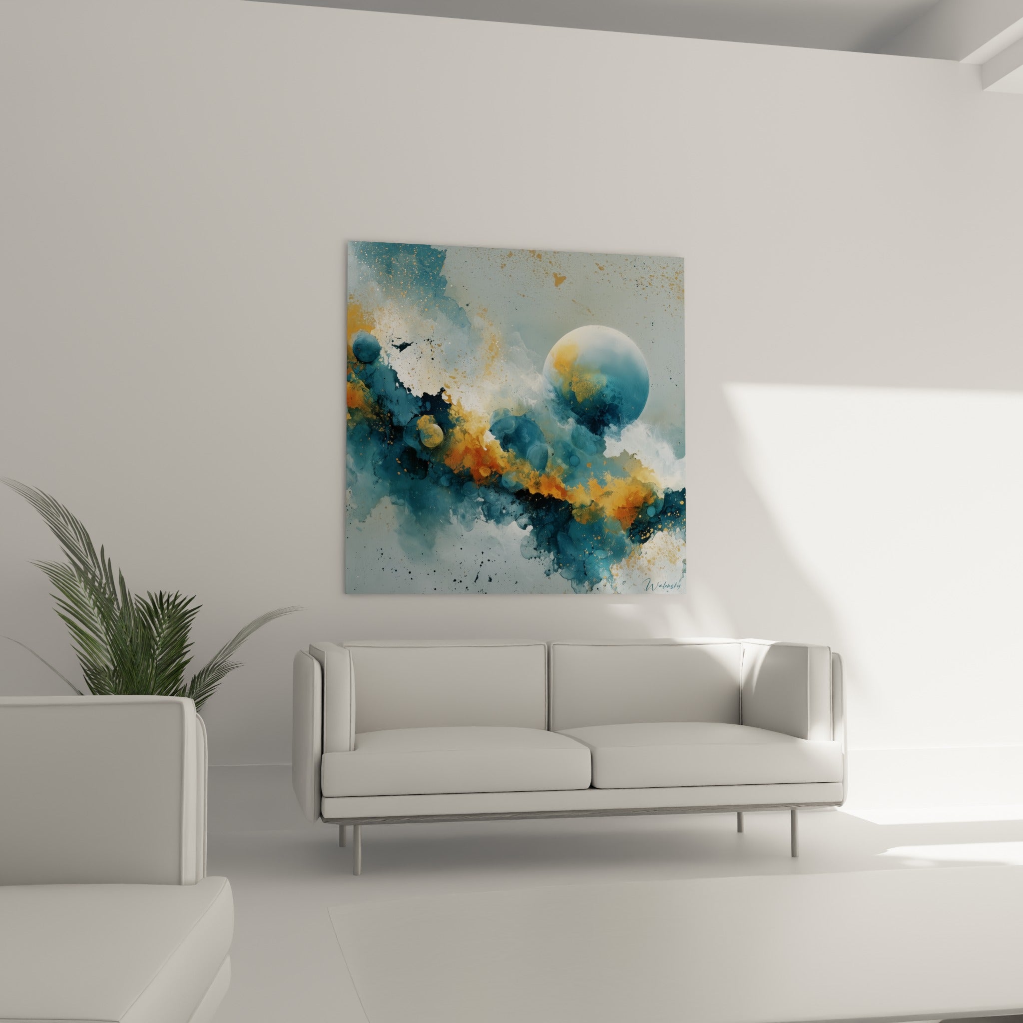 Planète texturée bleu et doré flottant au-dessus d'un canapé dans un salon lumineux