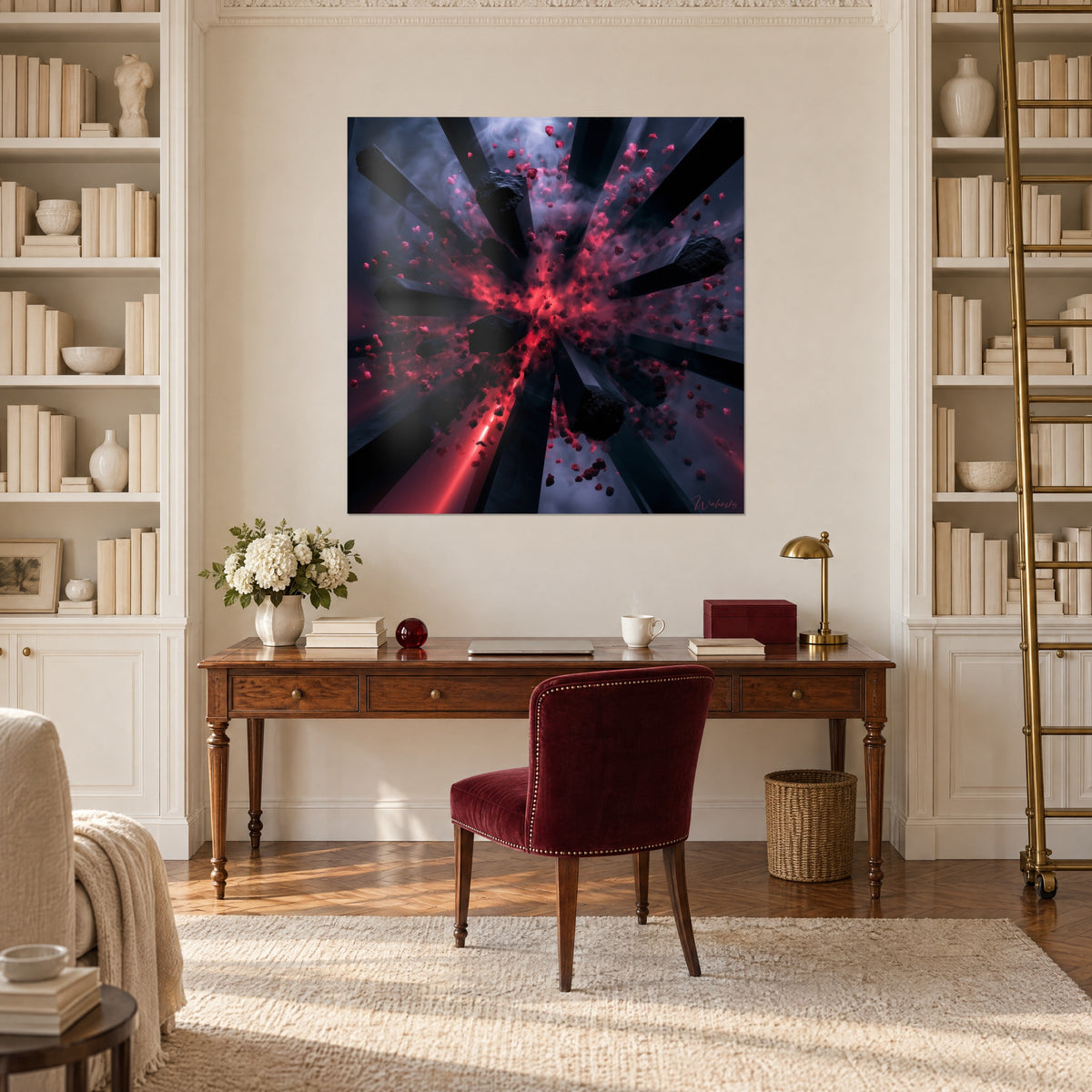 Wall art raspberry and black soot shards raining over a blue-grey background, hung above a wooden desk and a burgundy armchair