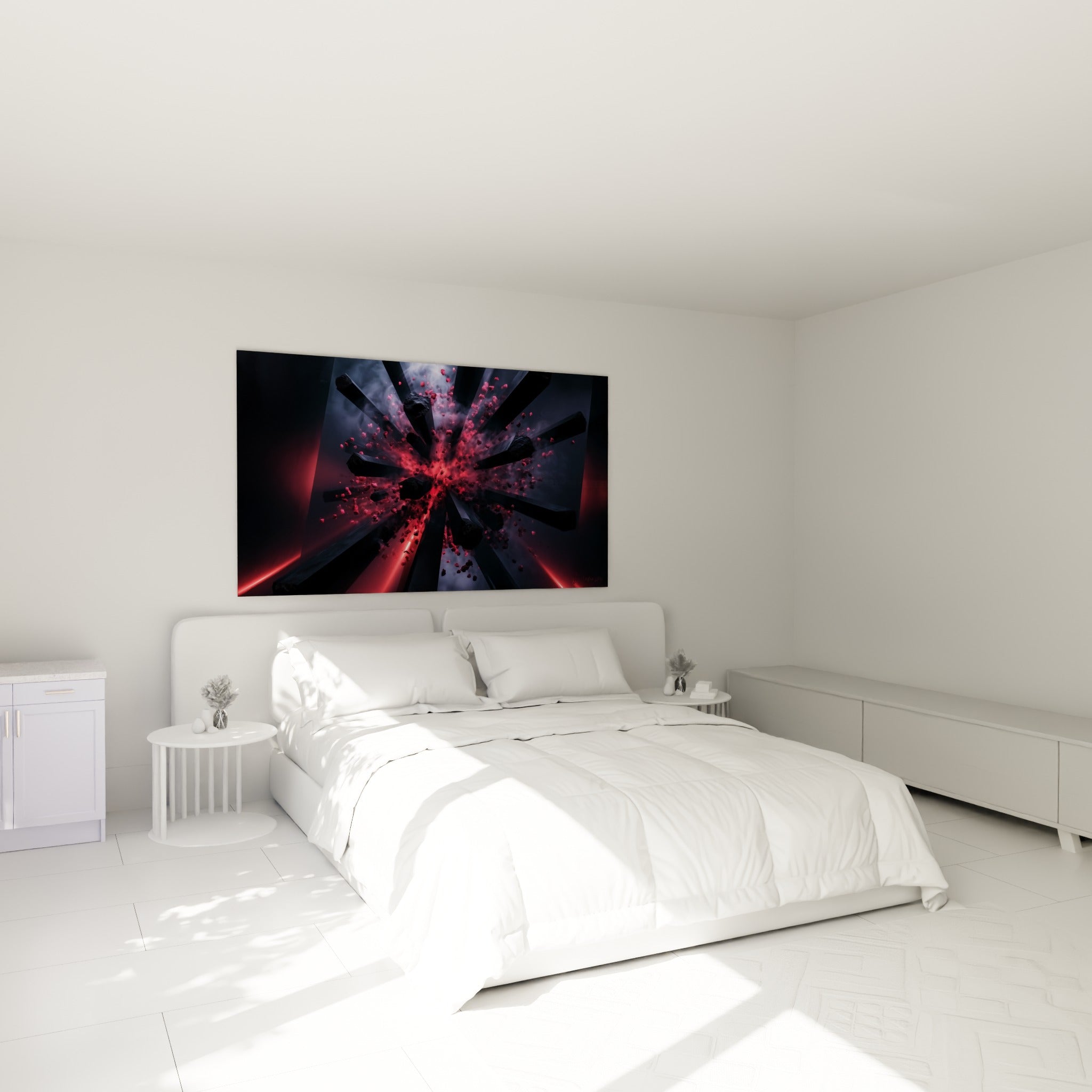 Fragments rouges et poutres anthracite d'une explosion artistique abstraite au-dessus d'un lit dans une chambre claire