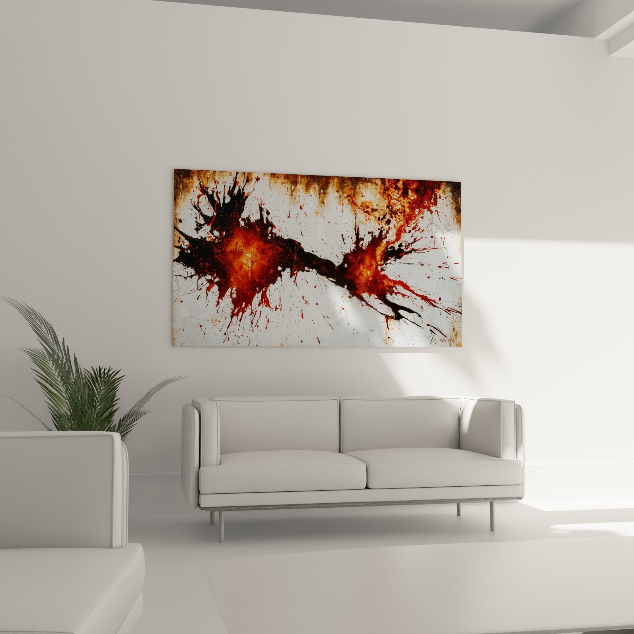 Projection rouge fauve et noire disposée au-dessus d'un canapé dans un salon lumineux