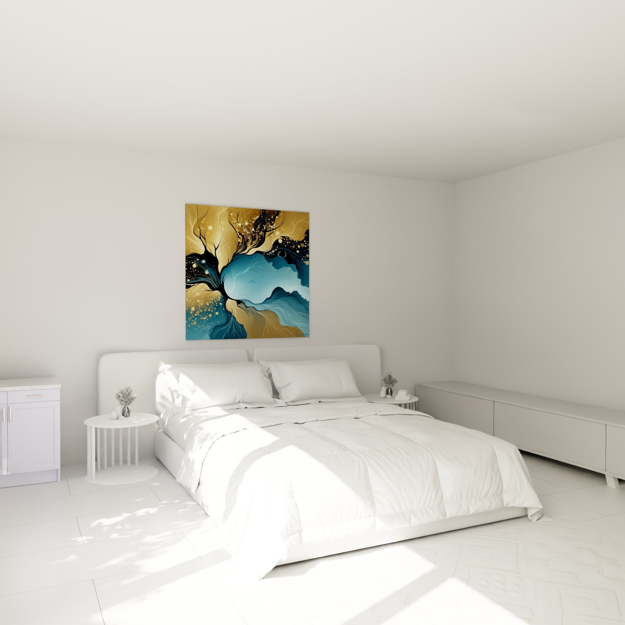 Silhouette arborescente dorée et bleu nuit se déployant en filaments lumineux, au-dessus d'un lit dans une chambre claire