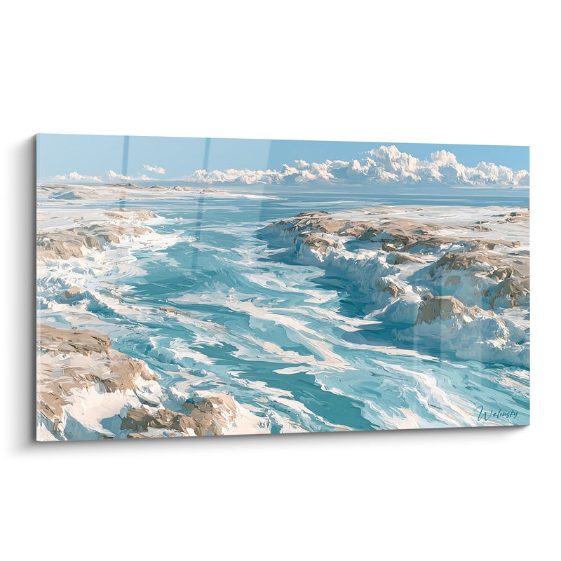 Tableau Fjord glacé turquoise et beige aux nuages lointains - Rivage arctique sinueux - Edition Artistique abstrait