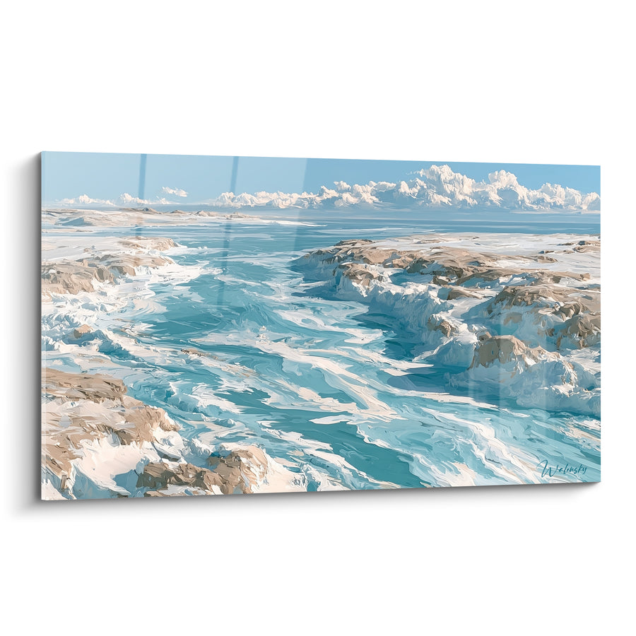 Gemälde Eisiger Fjord Türkis und Beige mit Ferne Wolken - Wunderschöne Arktische Küste - Künstlerische Edition Abstrakt