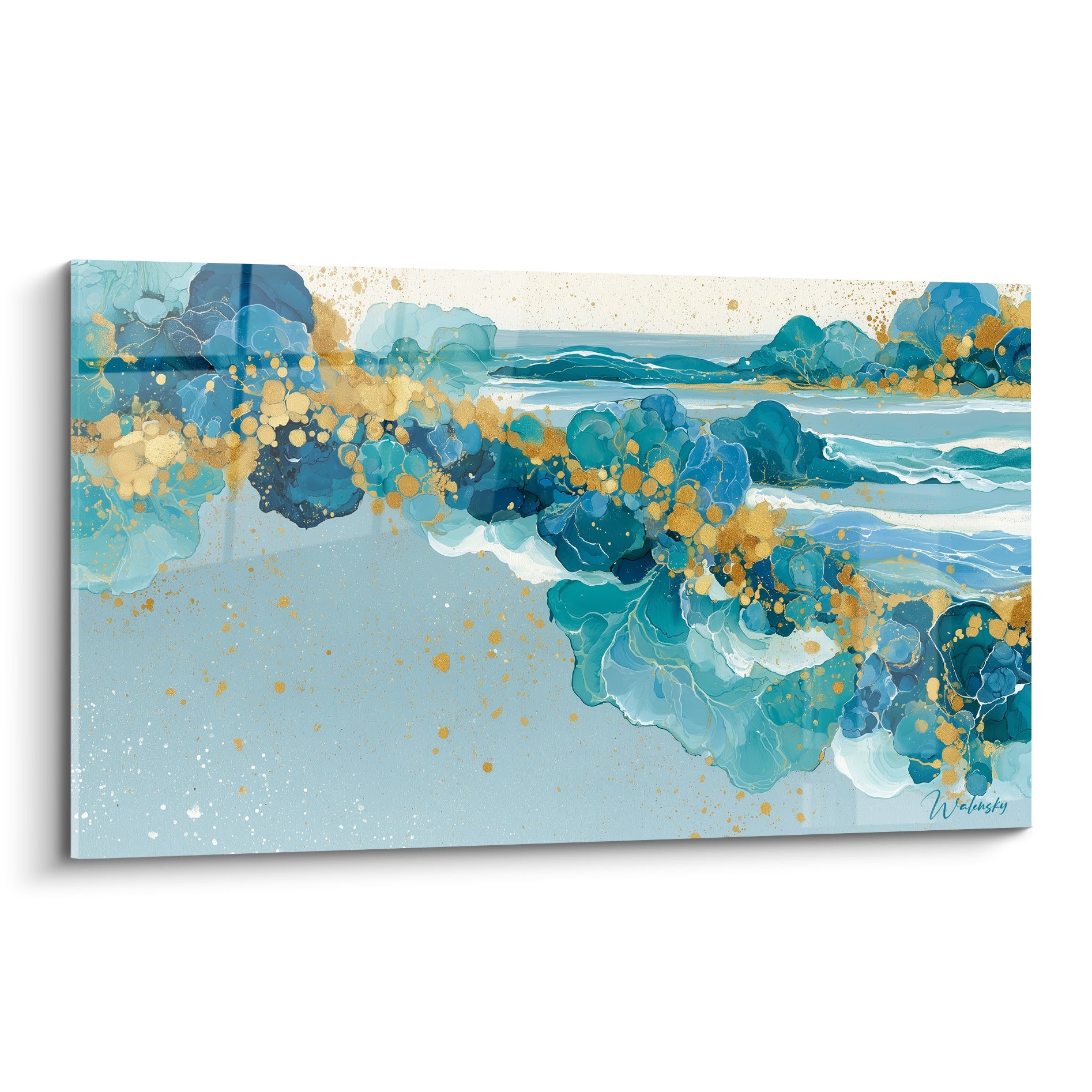 Récif corallien abstrait bleu marine et turquoise, éclats dorés en diagonale sur fond ivoire clair