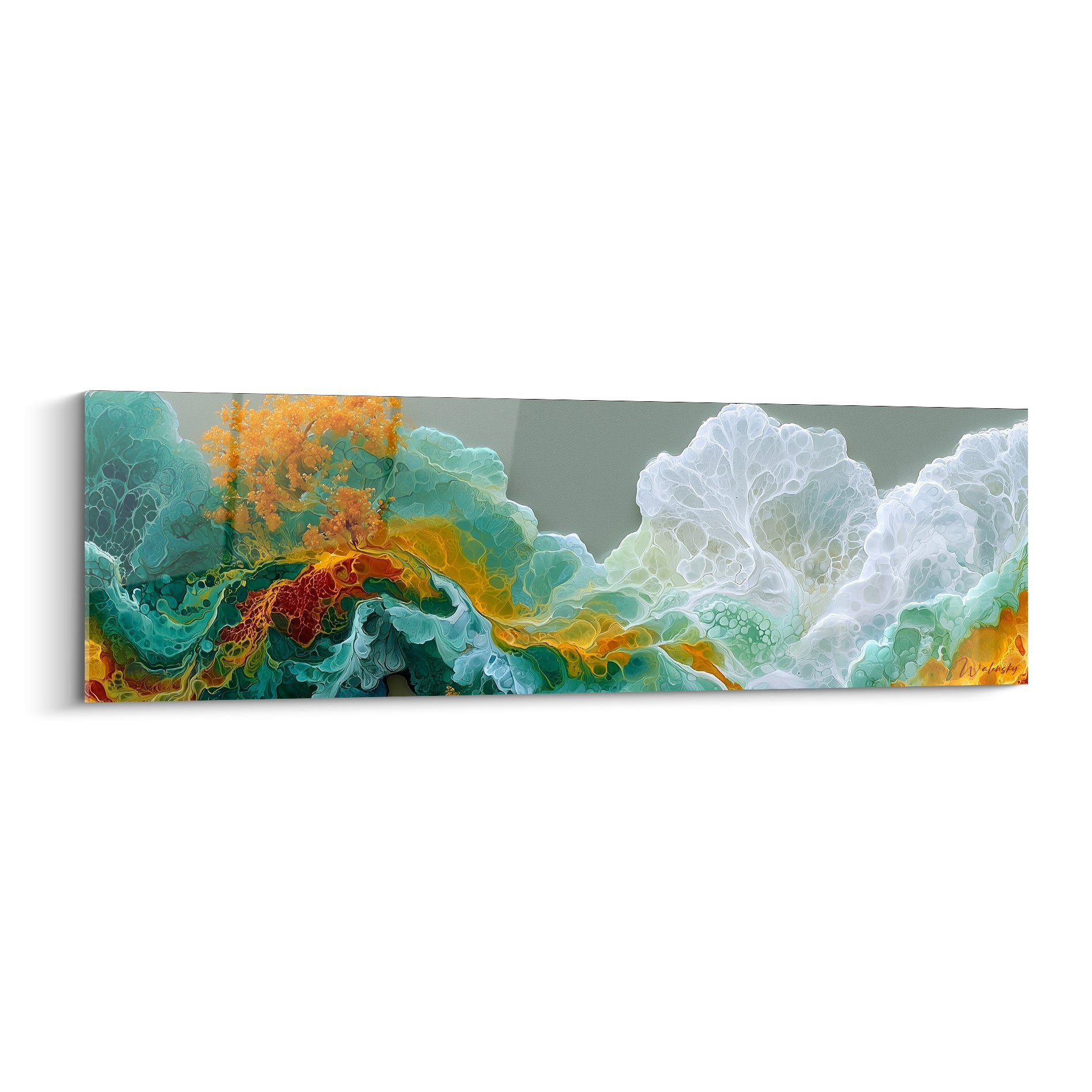Récif turquoise et doré aux volutes marbrées, contrastes vert sauge, ocre et blanc nacré
