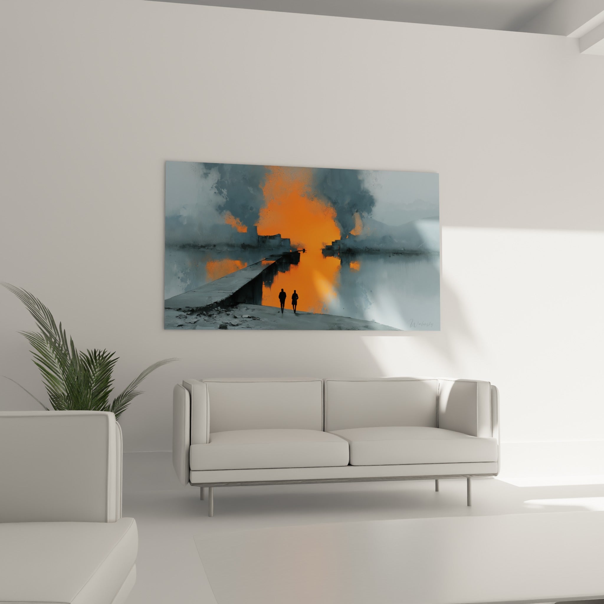 Marcheurs noirs devant une lumière orange vive, tableau placé au-dessus d'un canapé dans un salon lumineux